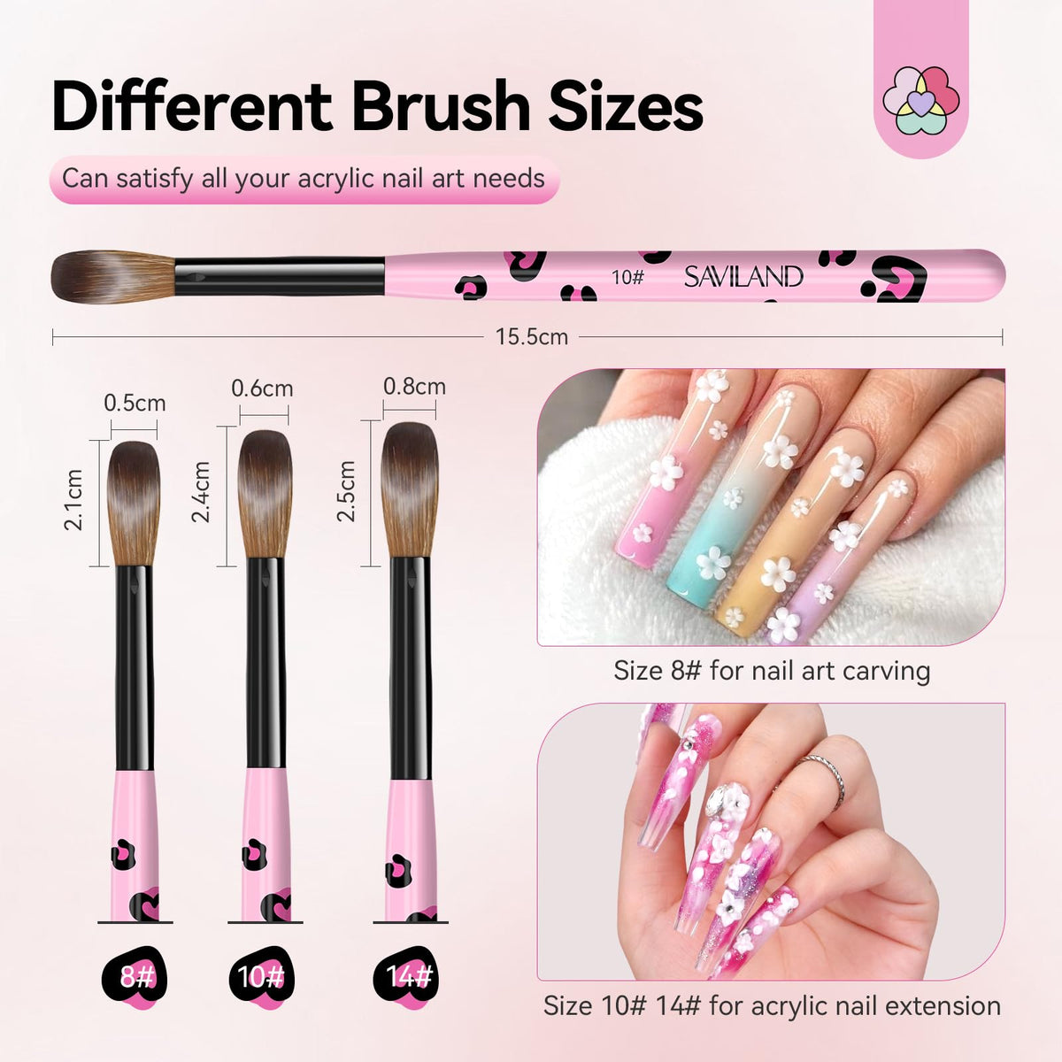 SAVILAND 3PCS Acrylic Nail Brush Set Size 8/10/14 Black & White