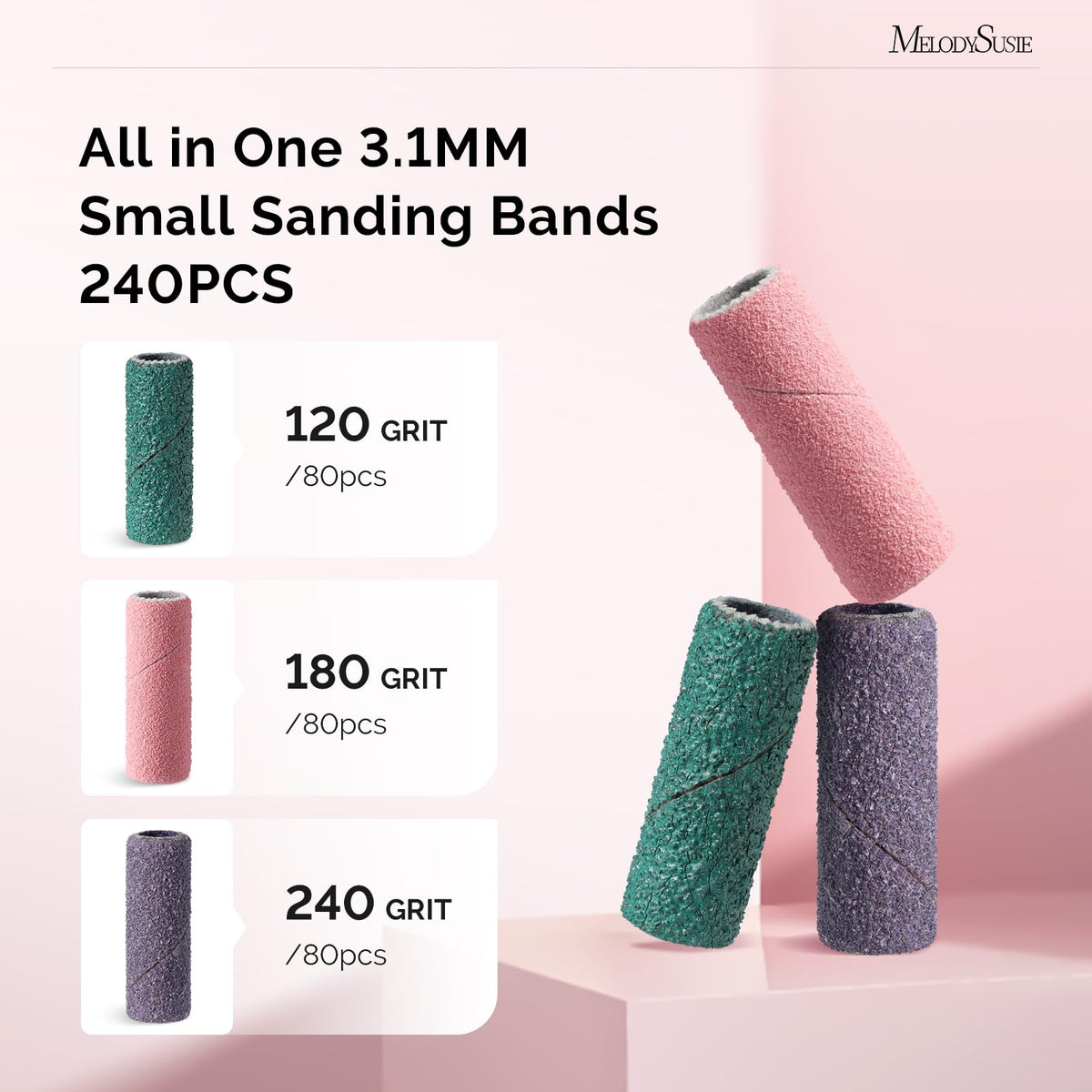 MelodySusie 120 Pcs Nail Drill Bits Small Sanding Bands for 3.1mm Mandrel Bit, 180 Fine Grit Nail File for Acrylic Nails Gel Manicures and Pedicure, Pink (Only Sanding Bands)