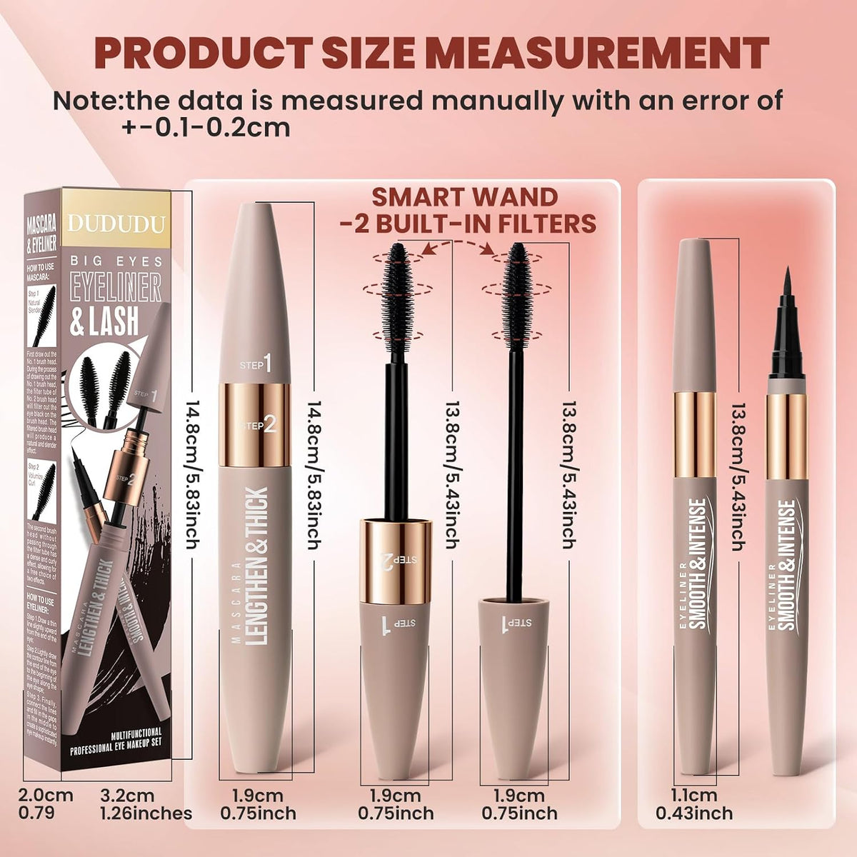 DUDUDU 2-in-1 Mascara and Eyeliner Set, Black Waterproof Volumizing and Lengthening Mascara, Ideal for Older Women 60 Plus & Sparse Lashes, 24HR Smudge-Proof Gentle Lash Extension Kit