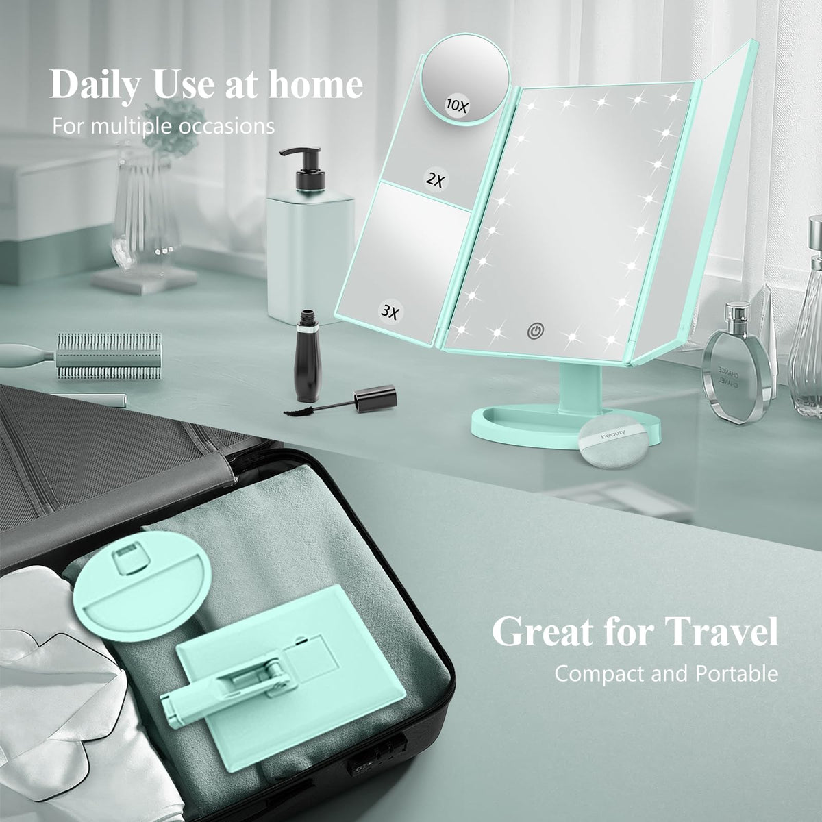 HUONUL 2X/3X/10X Magnifying Vanity Mirror with Light, Trifold Makeup Mirror