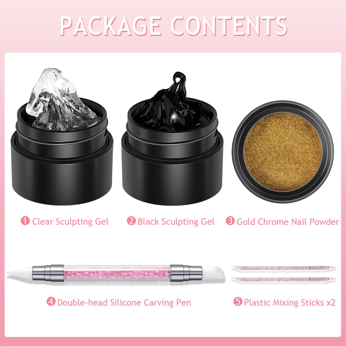 3D Nail Sculpting Gel Kit, Clear & Black Solid Builder Gel