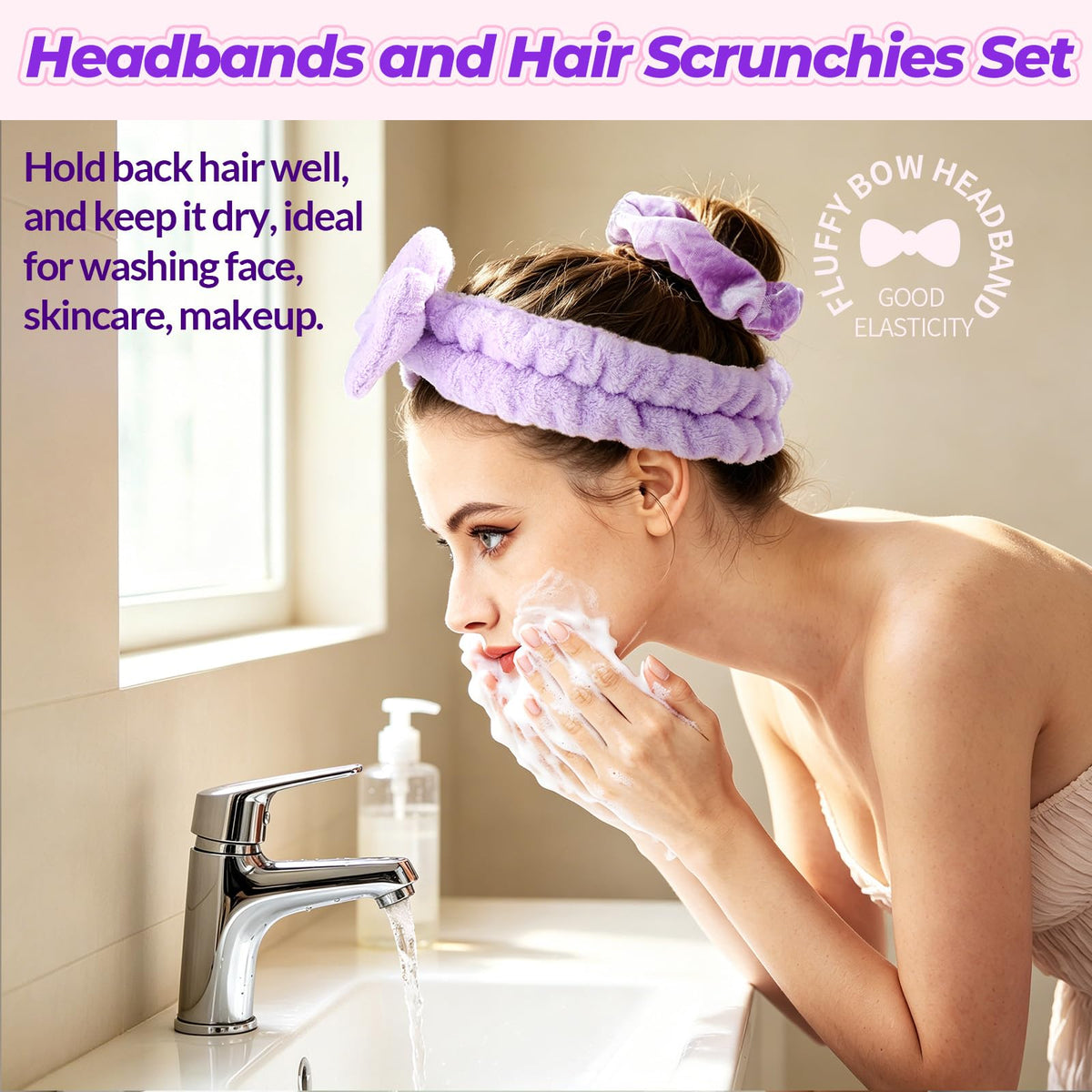 LEOBRO Spa Headband, 6pcs Makeup Headbands and Hair Scrunchies, Bow Skin Care Headband for Washing Face for Teen Girls Women, Easter Basket Valentines Christmas Gift for Girls, Black & White & Gray