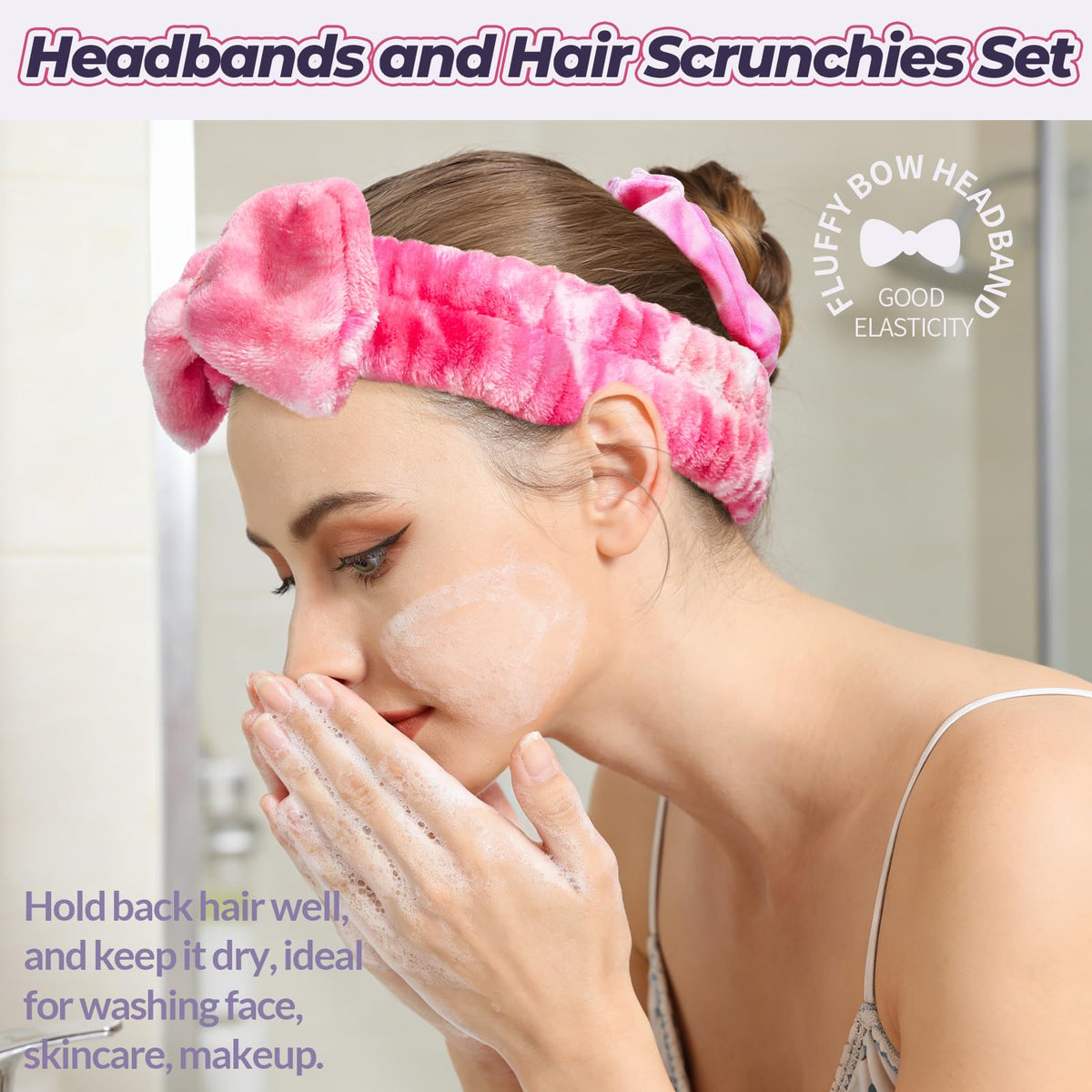 LEOBRO Spa Headband, 6pcs Makeup Headbands and Hair Scrunchies, Bow Skin Care Headband for Washing Face for Teen Girls Women, Easter Basket Valentines Christmas Gift for Girls, Black & White & Gray