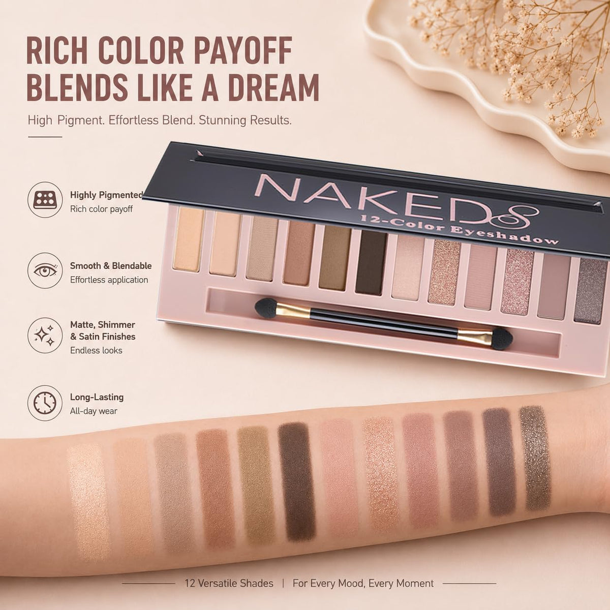 BOLOPER 2 Pack 12 Colors Makeup Nude Colors Eyeshadow Palette Natural Nude Matte Shimmer Glitter Pigment Eye Shadow Pallete Set Waterproof Smokey Professional Beauty Makeup Kit (2 PCS)