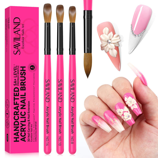 SAVILAND 3PCS Acrylic Nail Brush Set Size 8/10/14 Black & White