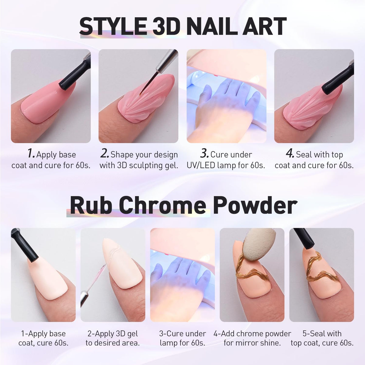 3D Sculpting Gel Kit – 2×20g Nail Art Gels with Dual Pens, Gold & Silver Chrome Powders, Brushes & Rhinestone Tray for DIY Nail Design at Home or Salon