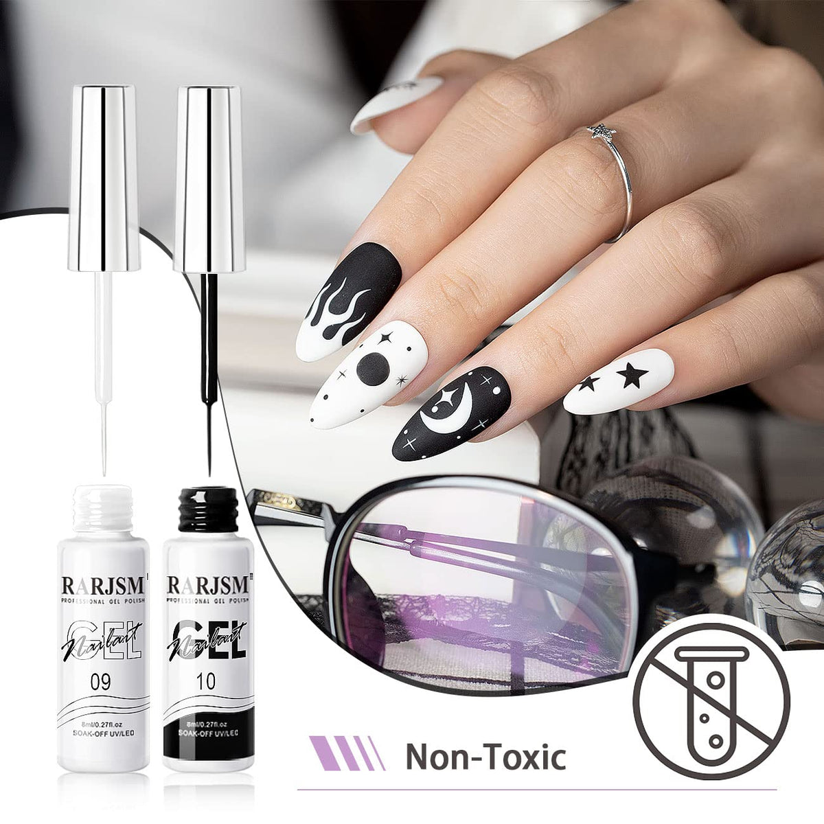 RARJSM Metallic Gel Liner Nail Art Silver Bronze Gold 2pcs Set Mirror Chrome 3D Effect Gel Nail Polish 8ml Build in Thin Brush Metal Painted Drawing Stripper Gelpolish Curing Requires for Home Salon