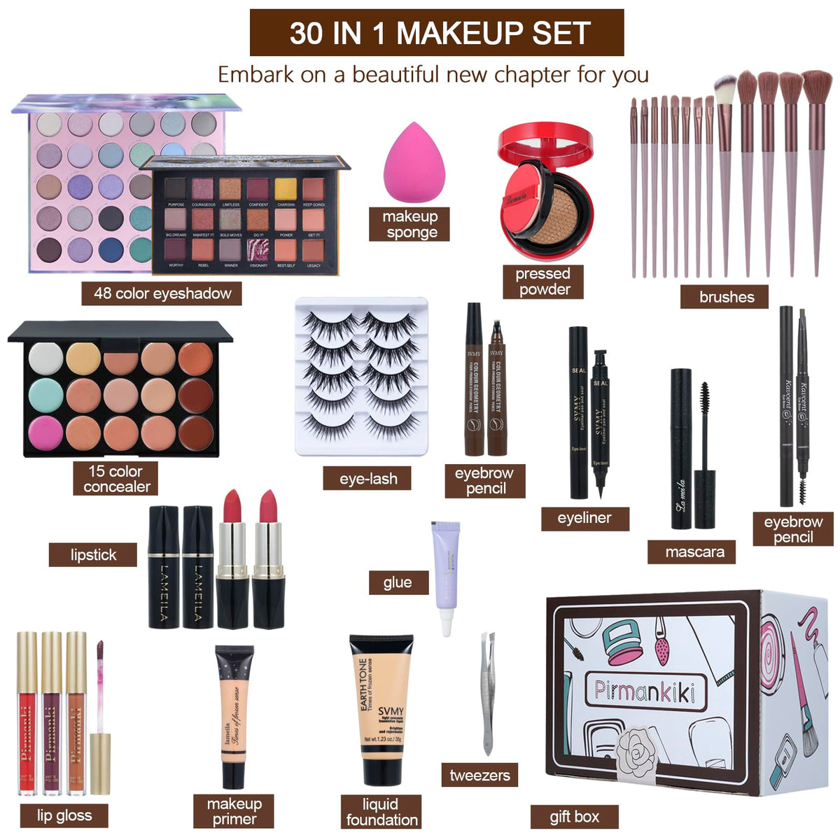 Makeup Set for Women Full Kit Includes, eyeshadow、 liquidfoundation,Loose powder,Eyebrow pencil,Lipstick Eye Pencil Makeup BrushesMakeup practice board 4-color lip gloss set