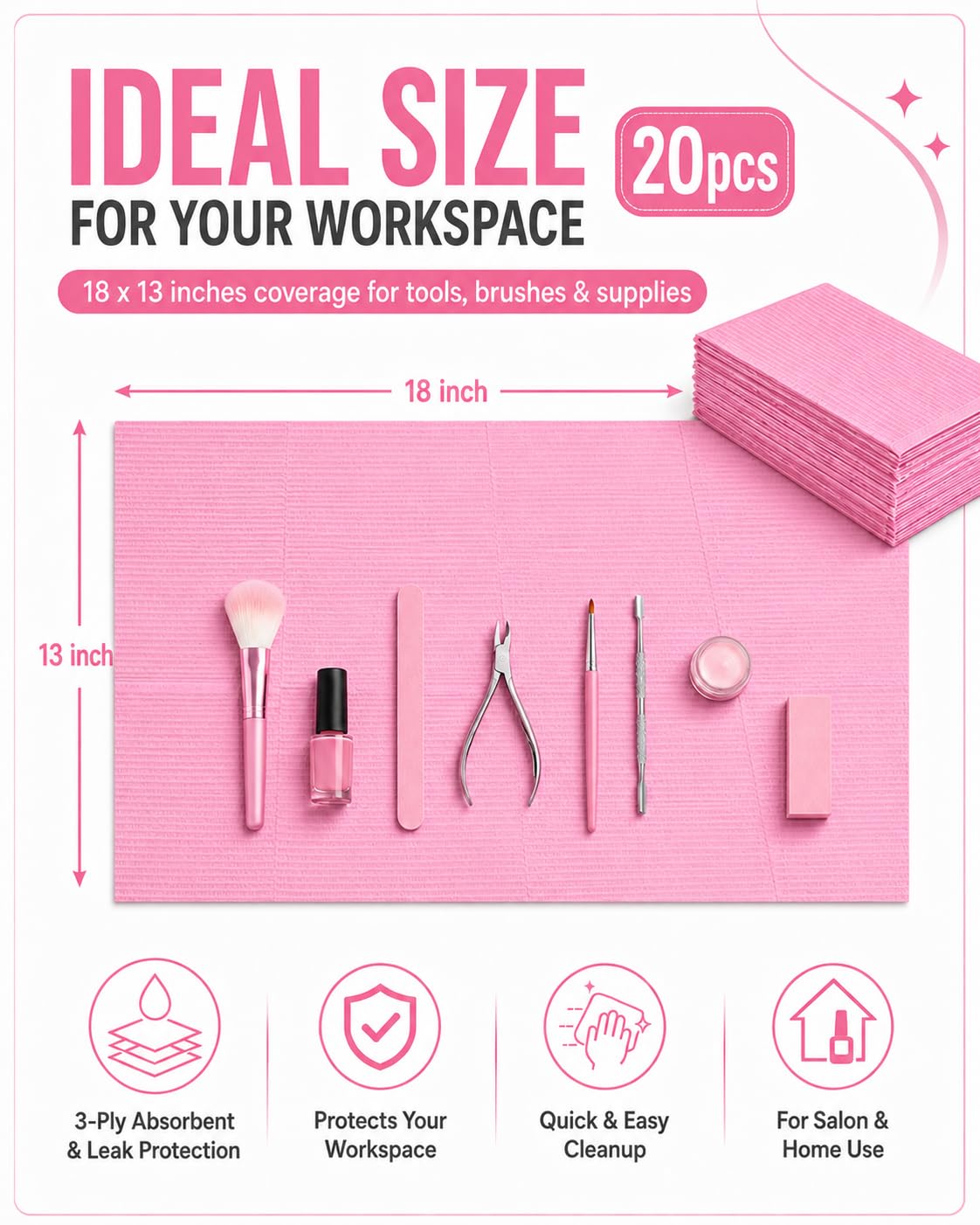 Makartt 50 Pcs Pink Disposable Nail Mats, 18"x13" Waterproof