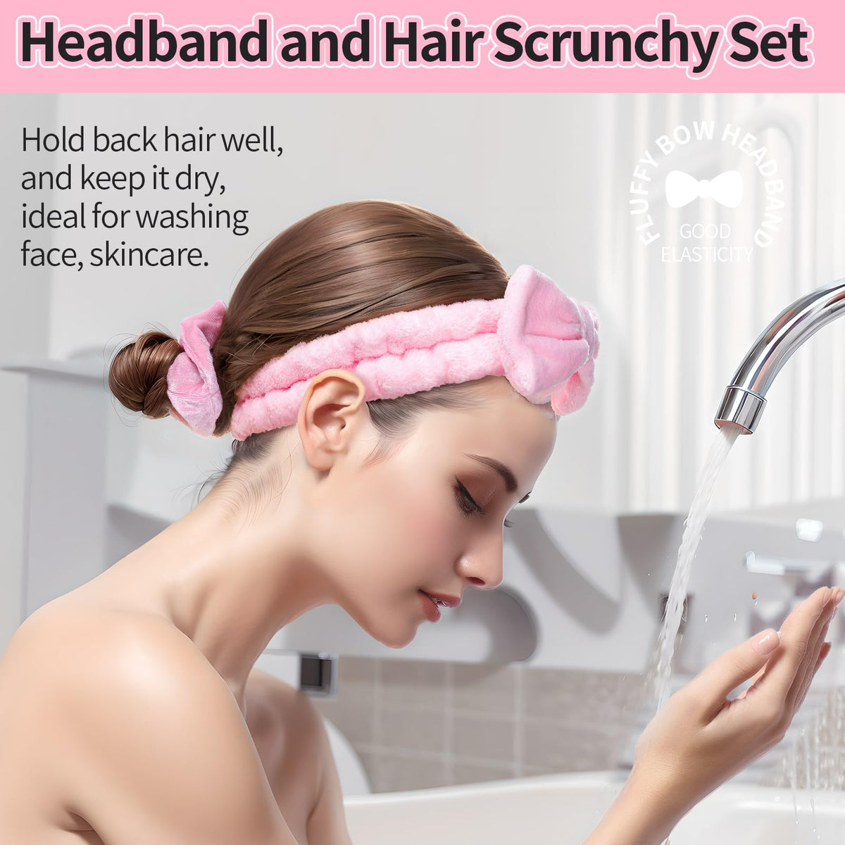 LEOBRO Spa Headband, 6pcs Makeup Headbands and Hair Scrunchies, Bow Skin Care Headband for Washing Face for Teen Girls Women, Easter Basket Valentines Christmas Gift for Girls, Black & White & Gray