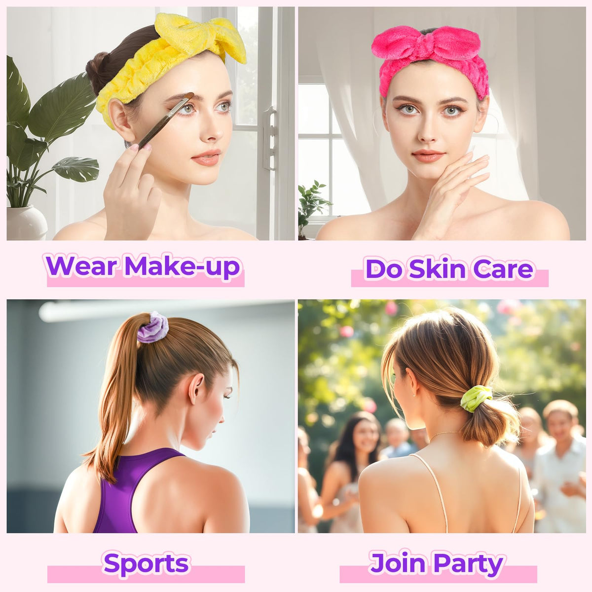 LEOBRO Spa Headband, 6pcs Makeup Headbands and Hair Scrunchies, Bow Skin Care Headband for Washing Face for Teen Girls Women, Easter Basket Valentines Christmas Gift for Girls, Black & White & Gray