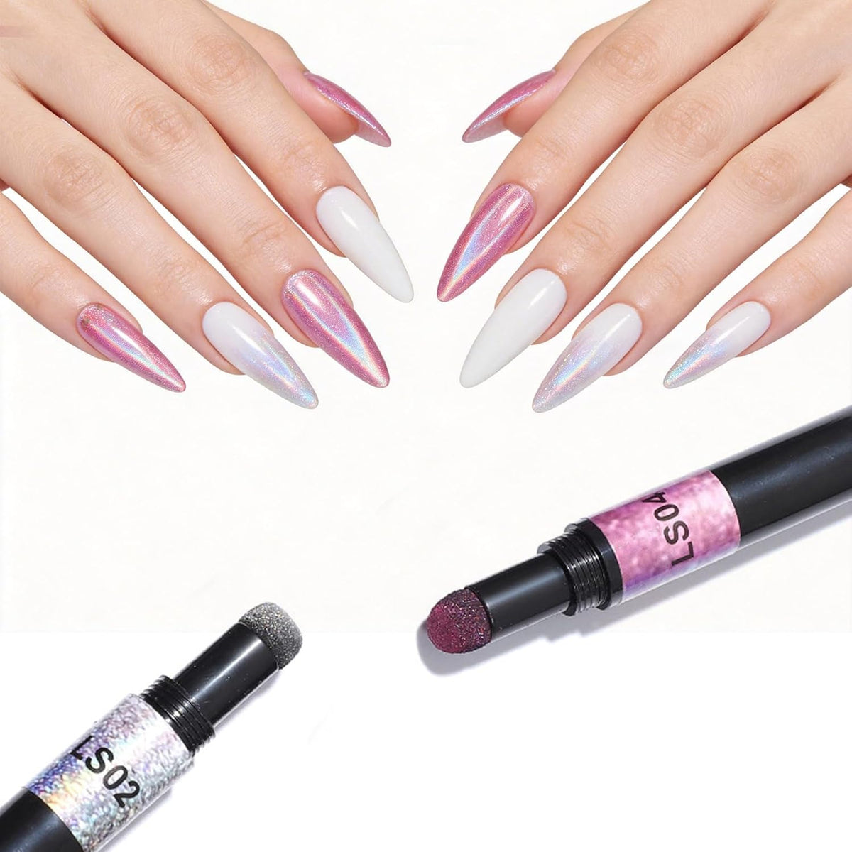 Air Cushion Chrome Powder Nail Pen Set (2 PCS) - Holographic Laser Mirror Effect Chrome Nail Pens, Magic Powder Applicator for Nails for DIY Nail Art & Salon Use