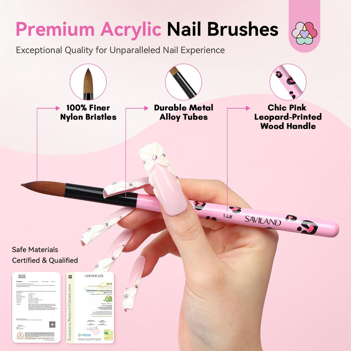 SAVILAND 3PCS Acrylic Nail Brush Set Size 8/10/14 Black & White