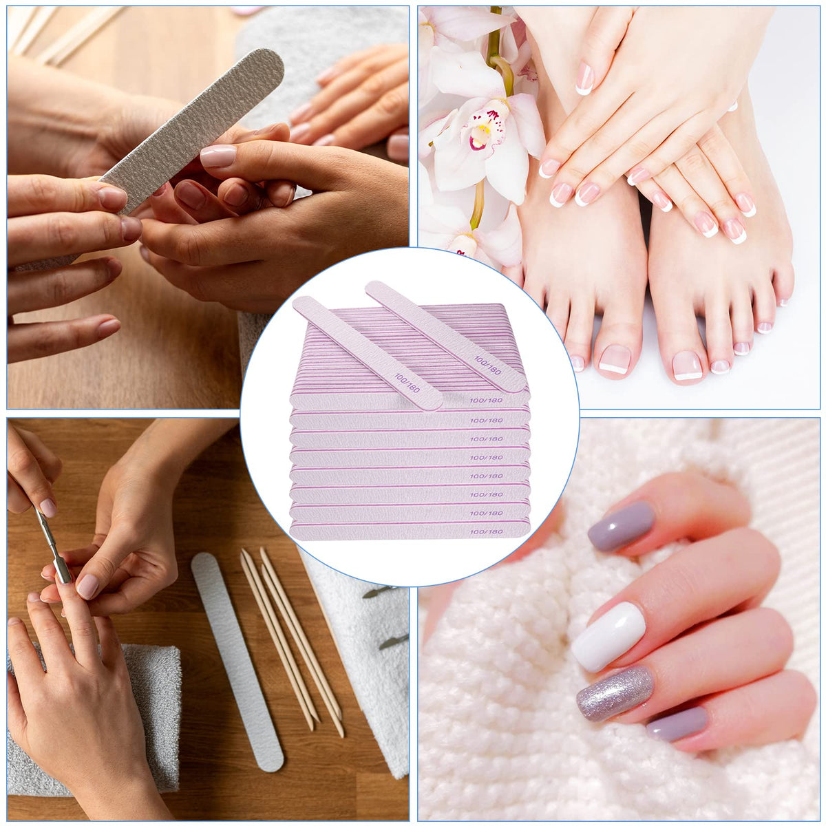 50 Pcs Nail File, Emery Board Nail Files for Acrylic Nails and Natural Nails, 100/180 Grit Double Sided Fingernail File Gel Nail Professional Reusable Washable Manicure Pedicure Kit Set Gray