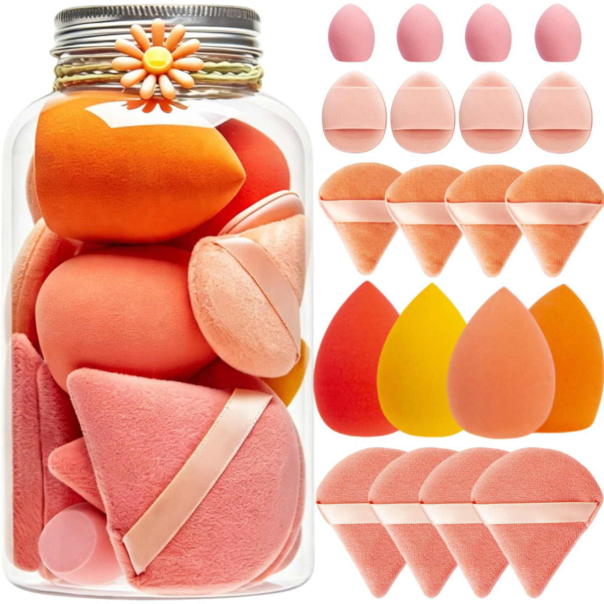 20PCS Makeup Sponge Set With Storage Jar, Wet & Dry Dual Use Beauty Blenders, Triangle Powder Puffs & Mini Finger Puffs,Soft Latex Free Sponges for Liquid, Cream, Powder And Concealer（Blue）