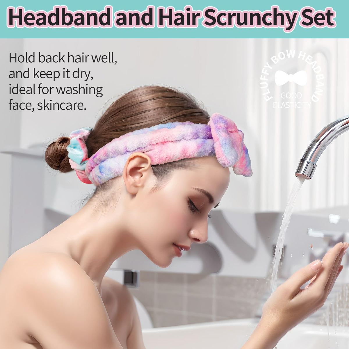 LEOBRO Spa Headband, 6pcs Makeup Headbands and Hair Scrunchies, Bow Skin Care Headband for Washing Face for Teen Girls Women, Easter Basket Valentines Christmas Gift for Girls, Black & White & Gray