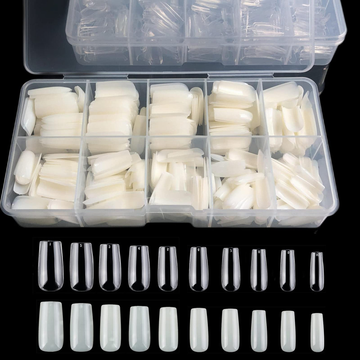 1000pcs Clear and Natural Acrylic Nail Tips,10 Size French Nail Tips For Acrylic Nails Half Cover False Nails Extension Artificial Fingernails
