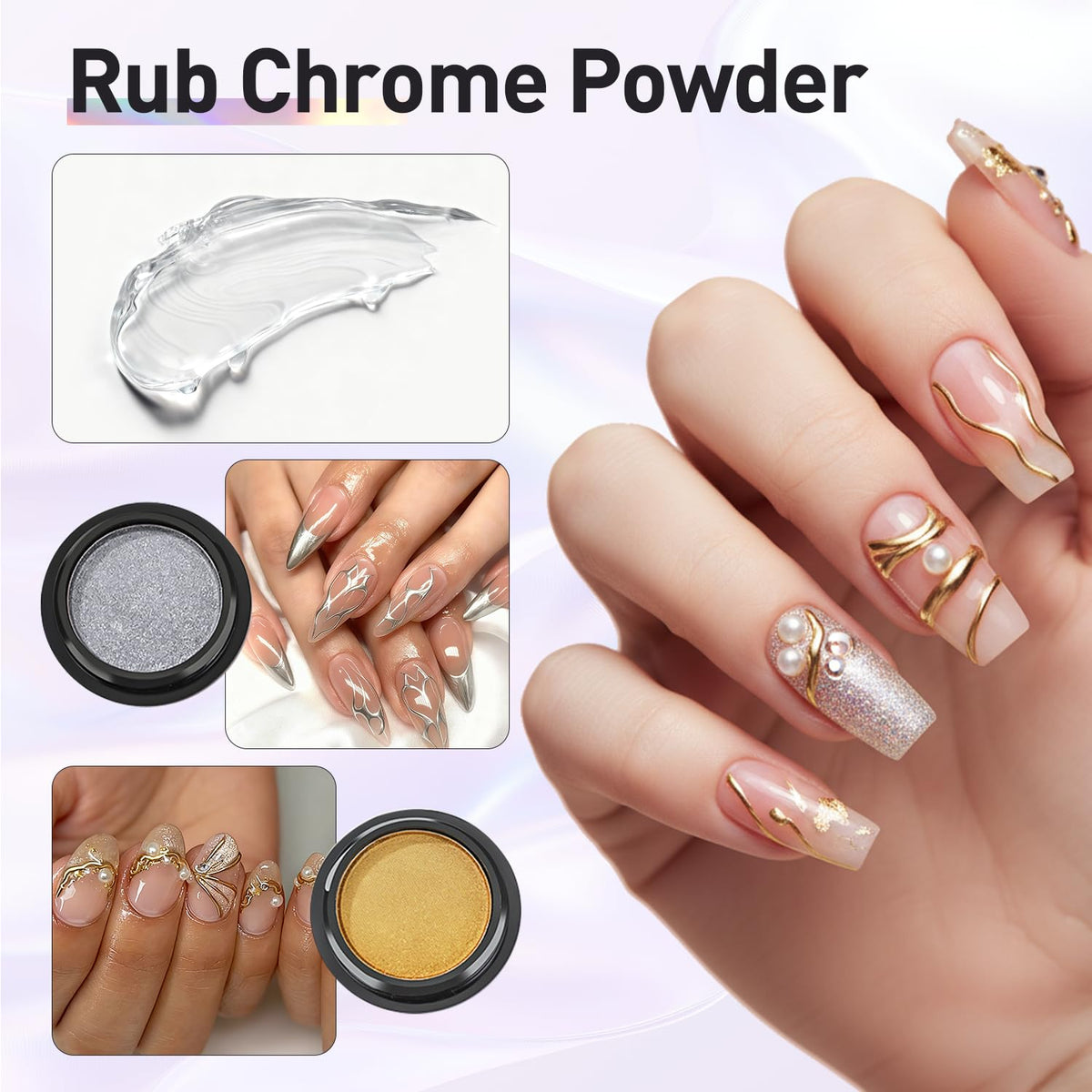 3D Sculpting Gel Kit – 2×20g Nail Art Gels with Dual Pens, Gold & Silver Chrome Powders, Brushes & Rhinestone Tray for DIY Nail Design at Home or Salon