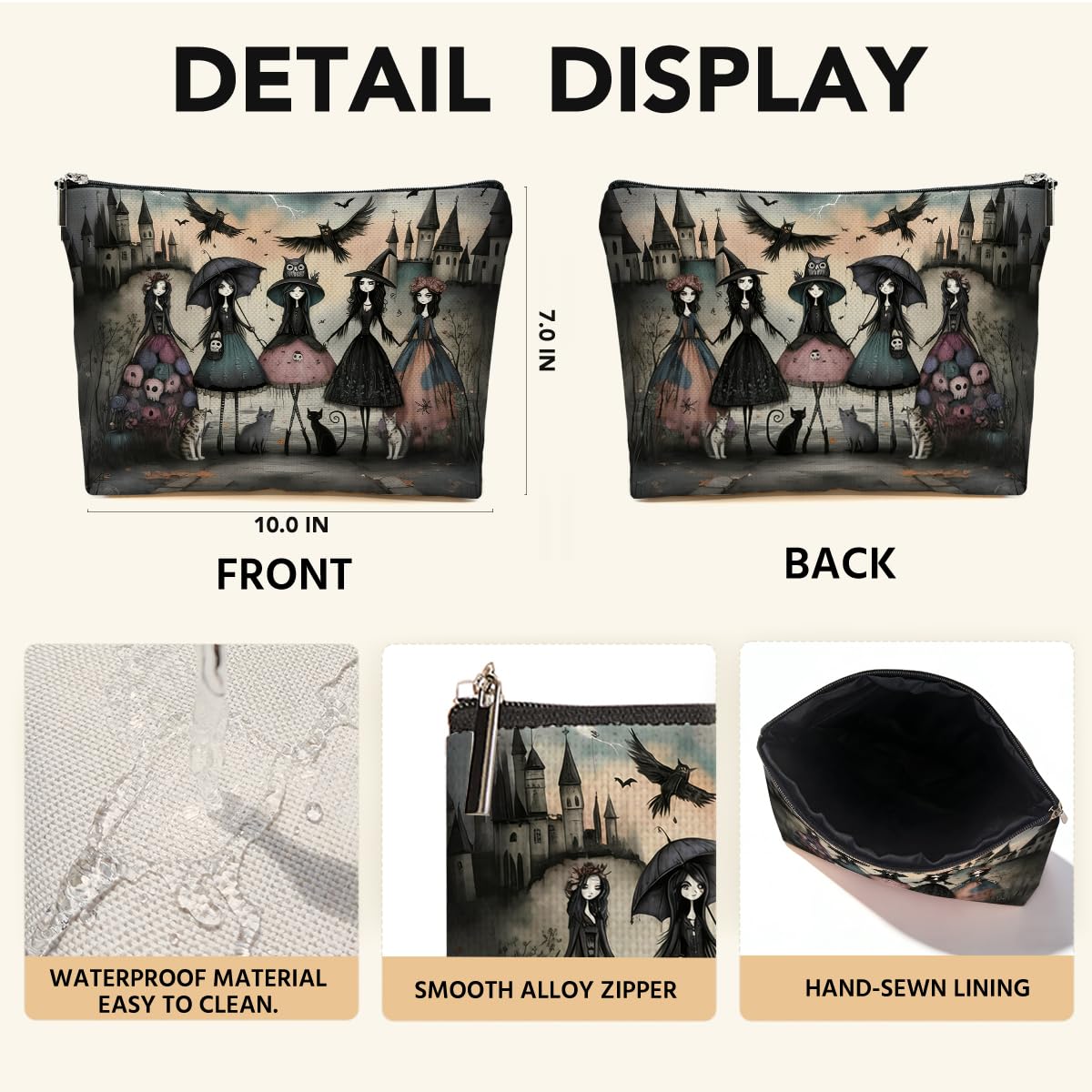 JIUWEIHU Goth Cat Makeup Bag, Funny Cat Cosmetic Bags Travel Organizer Bag