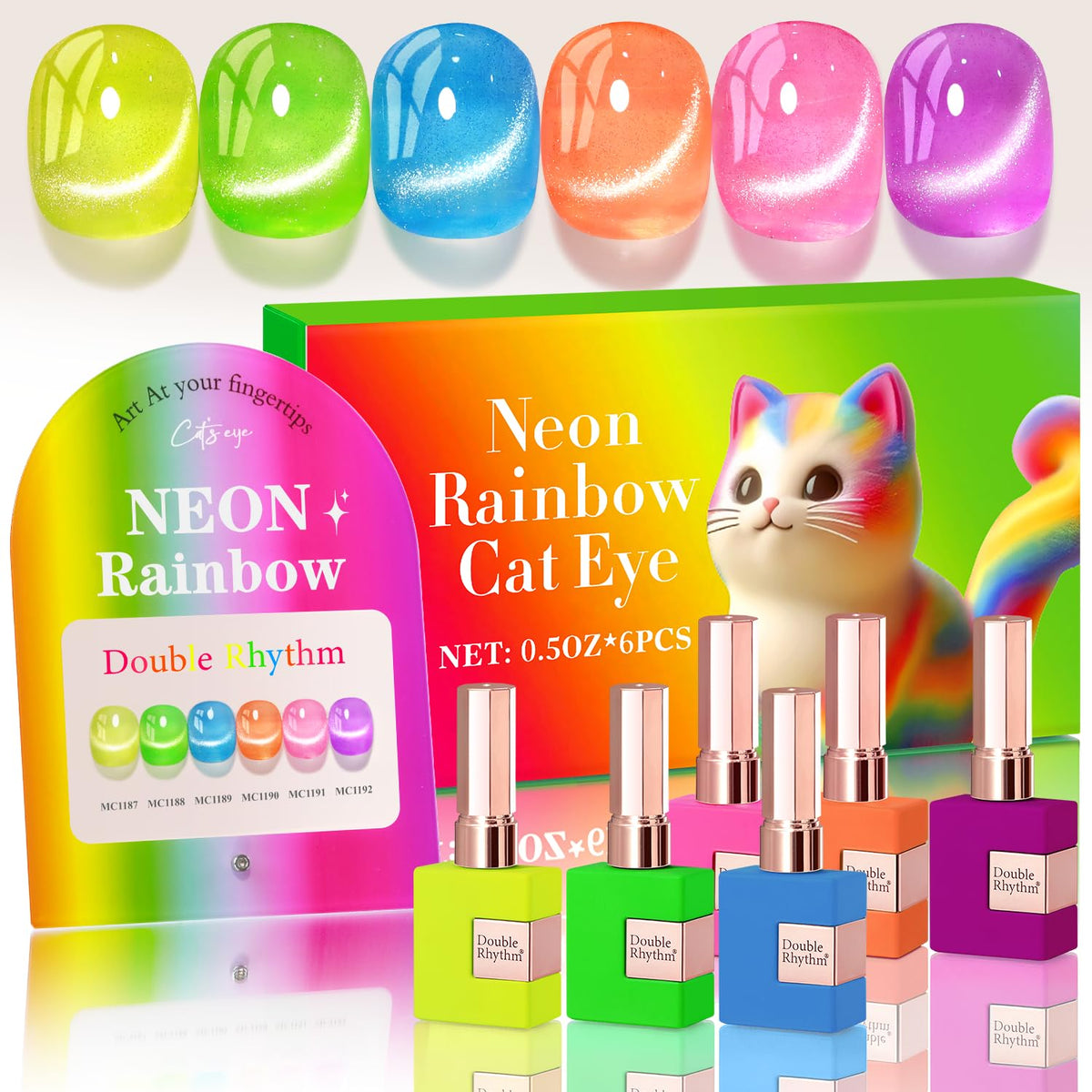 Double Rhythm Cat Eye Gel Nail Polish Set of 6 Same Color Same Bottle 0.5 Oz Shimmer Glitter with Magnet Holographic Magnetic UV Nail Polish Kit (Blush Fuchsia Magenta Purple Violet Lavender -T6-107)