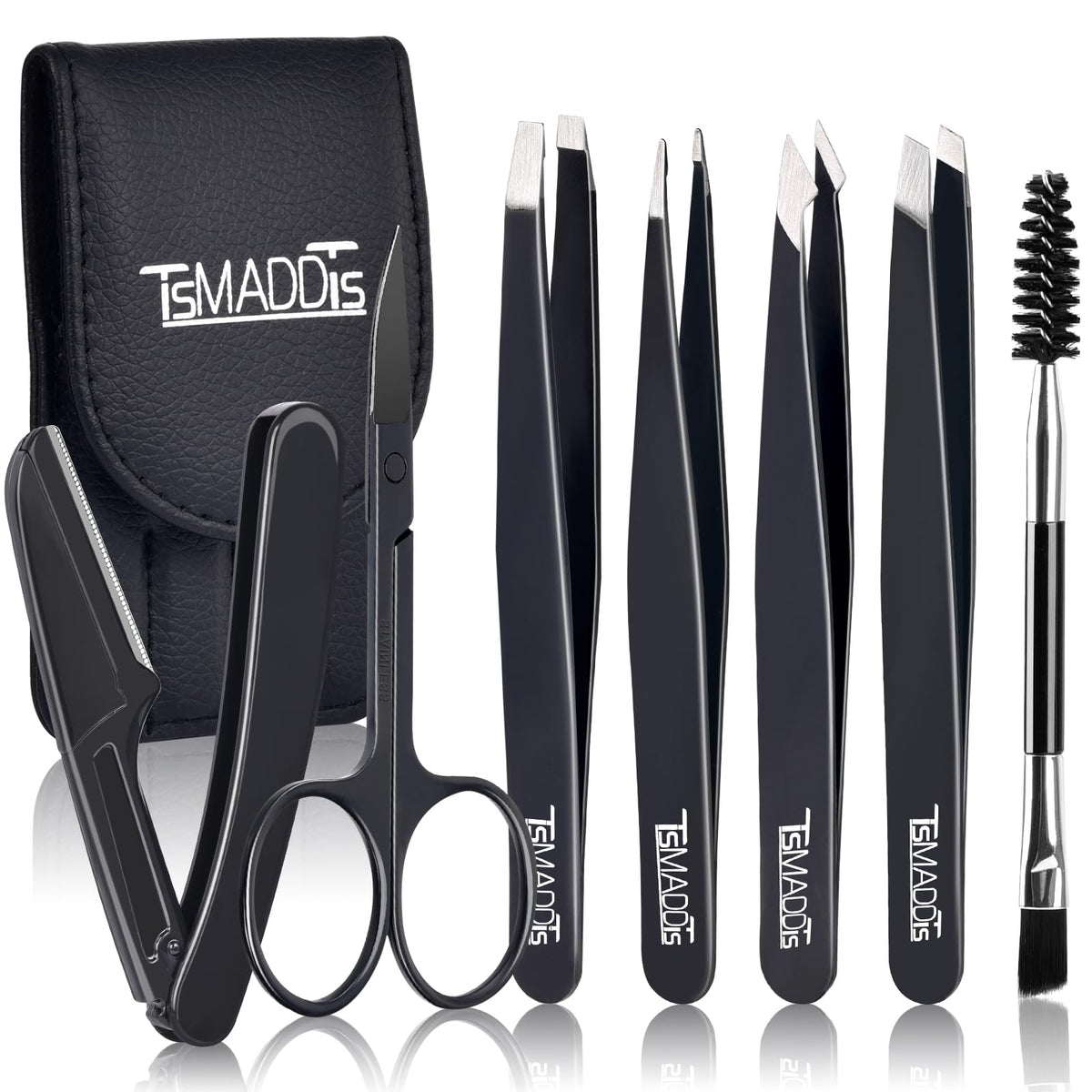 TsMADDTs 7 pcs Tweezers for Women Facial Hair, Precision Tweezer Set for Eyebrows with Curved Scissor and Eyebrow Razor for Ingrown Hair
