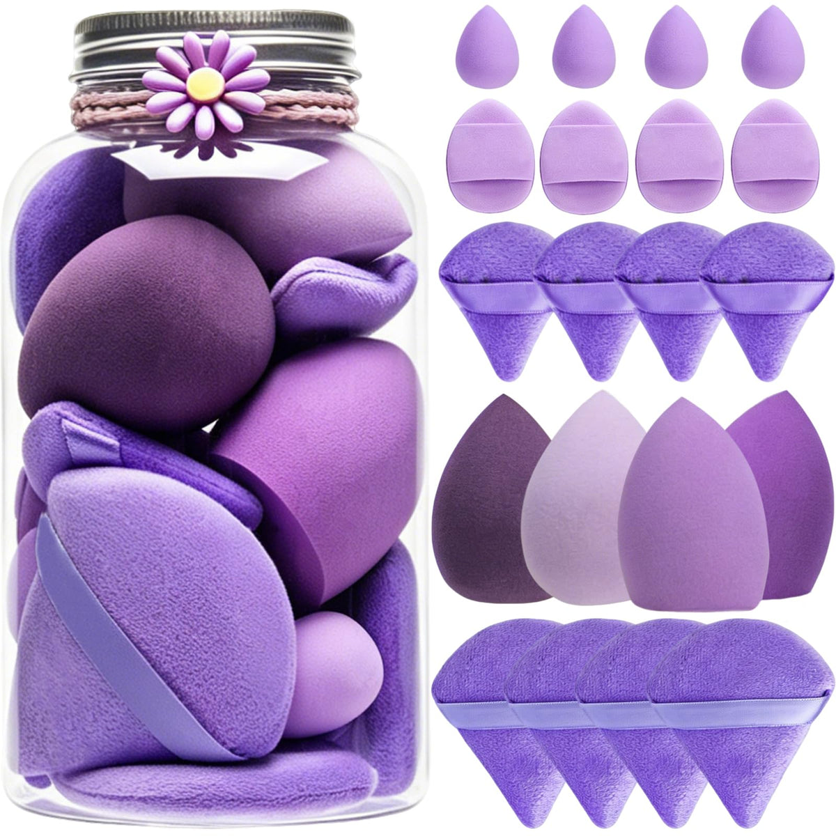 20PCS Makeup Sponge Set With Storage Jar, Wet & Dry Dual Use Beauty Blenders, Triangle Powder Puffs & Mini Finger Puffs,Soft Latex Free Sponges for Liquid, Cream, Powder And Concealer（Blue）