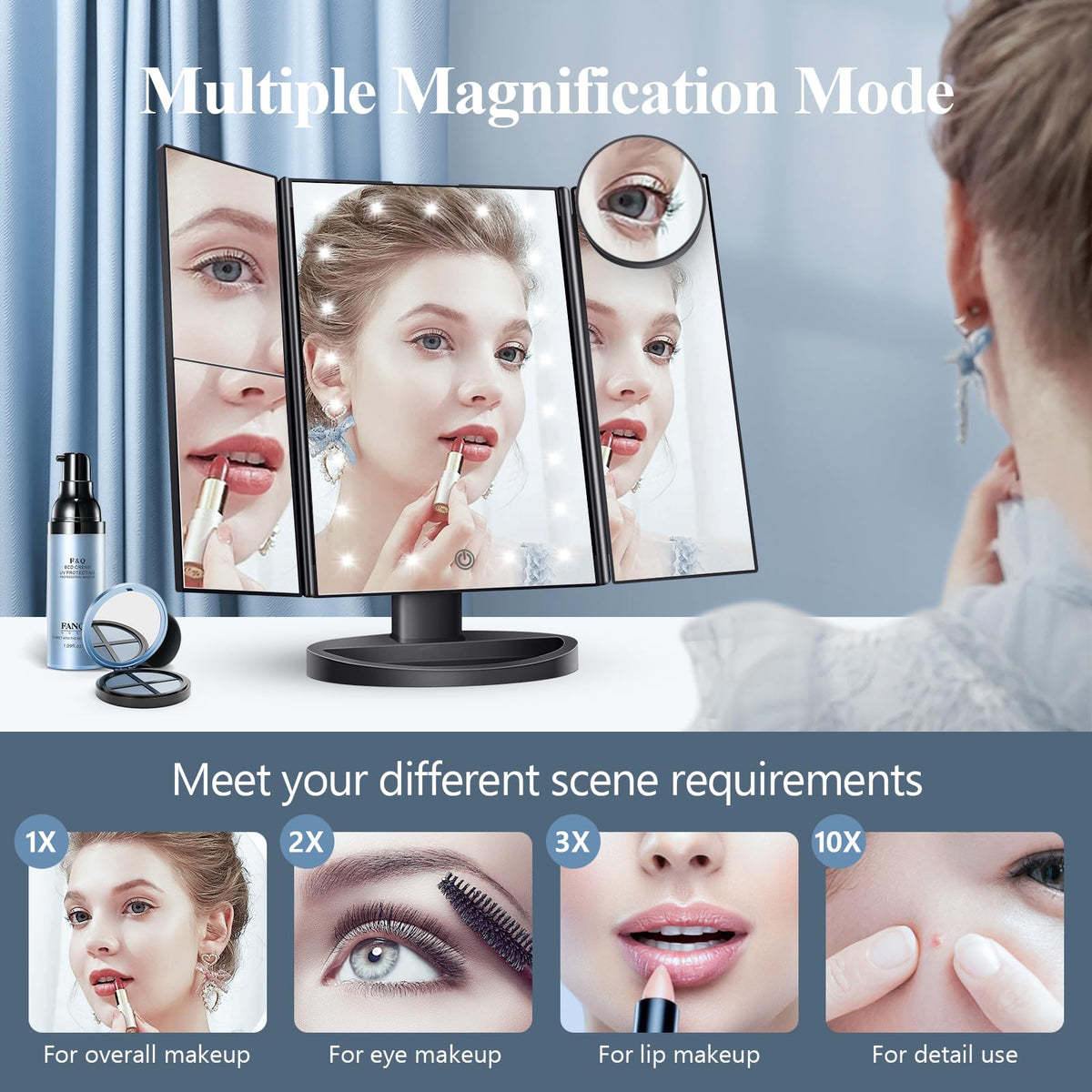 HUONUL 2X/3X/10X Magnifying Vanity Mirror with Light, Trifold Makeup Mirror