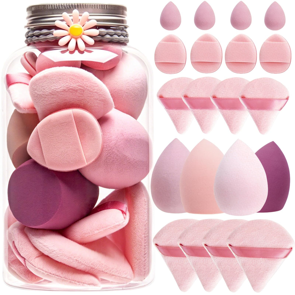20PCS Makeup Sponge Set With Storage Jar, Wet & Dry Dual Use Beauty Blenders, Triangle Powder Puffs & Mini Finger Puffs,Soft Latex Free Sponges for Liquid, Cream, Powder And Concealer（Blue）