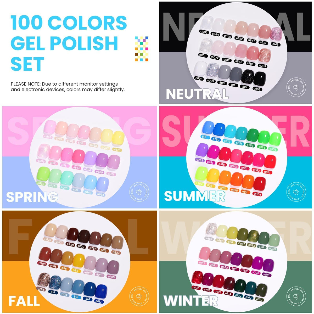 Beetles Gel Nail Polish Set, 63 PCS 55 Colors Gel Polish Kit with Base Coat