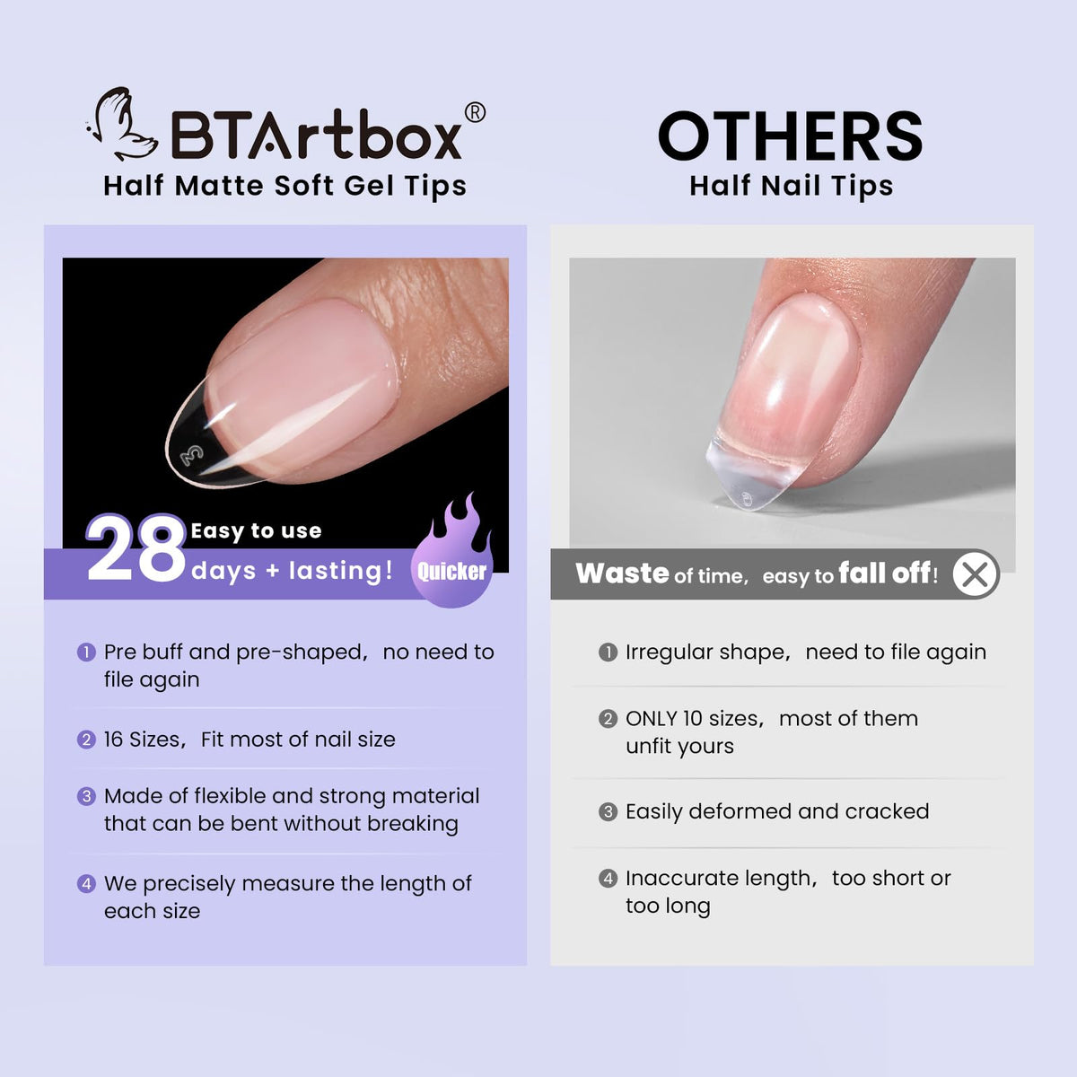 BTArtbox Half Cover Clear Fake Nails with Case, Long Square, 500 Pcs