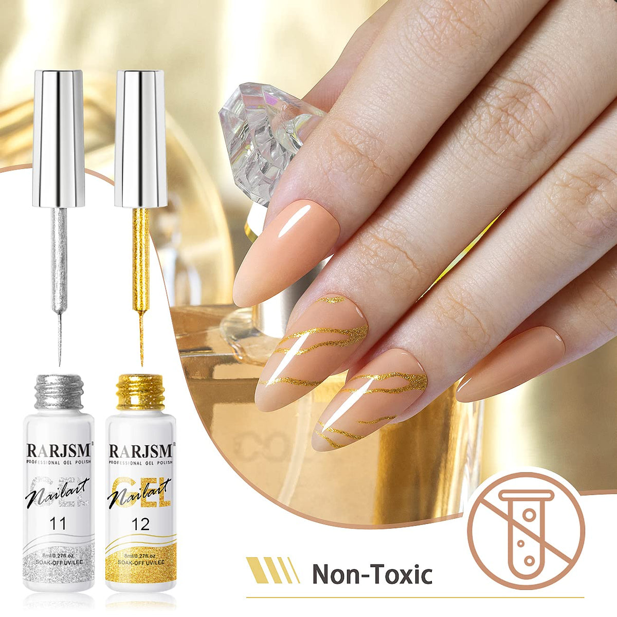 RARJSM Metallic Gel Liner Nail Art Silver Bronze Gold 2pcs Set Mirror Chrome 3D Effect Gel Nail Polish 8ml Build in Thin Brush Metal Painted Drawing Stripper Gelpolish Curing Requires for Home Salon
