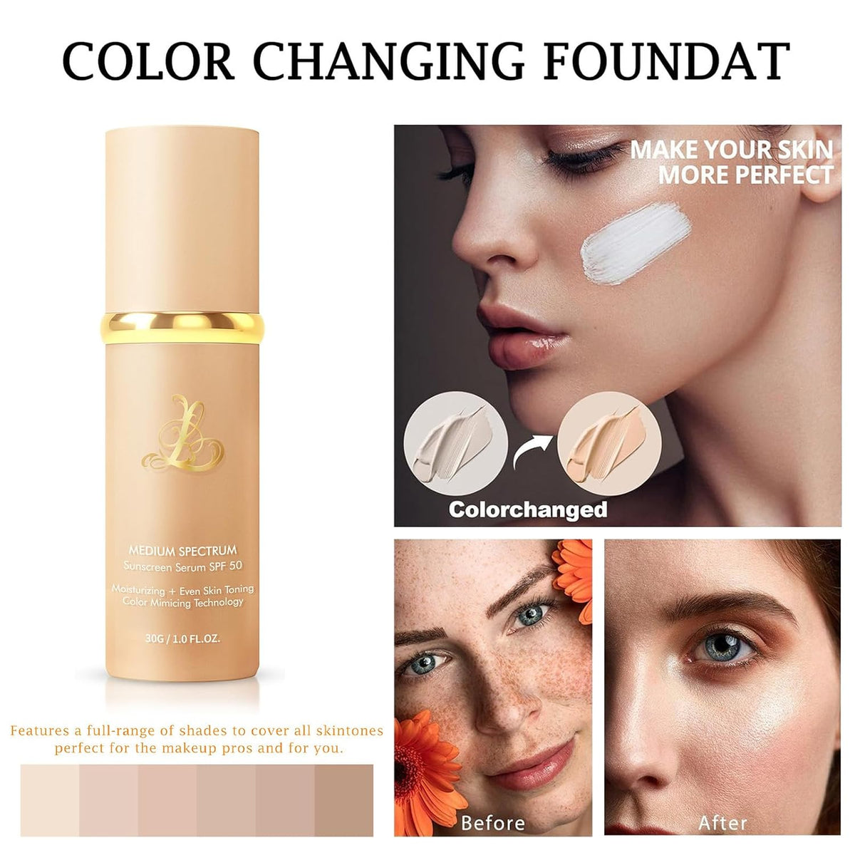 Color Changing Foundation 4-in-1 with SPF50, Match Liquid Foundation Medium