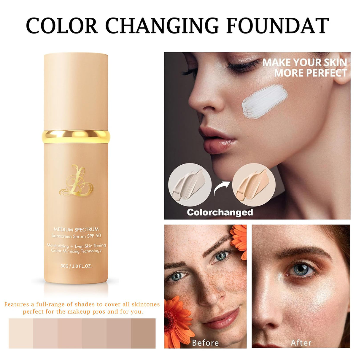 Color Changing Foundation 4-in-1 with SPF50, Match Liquid Foundation Medium