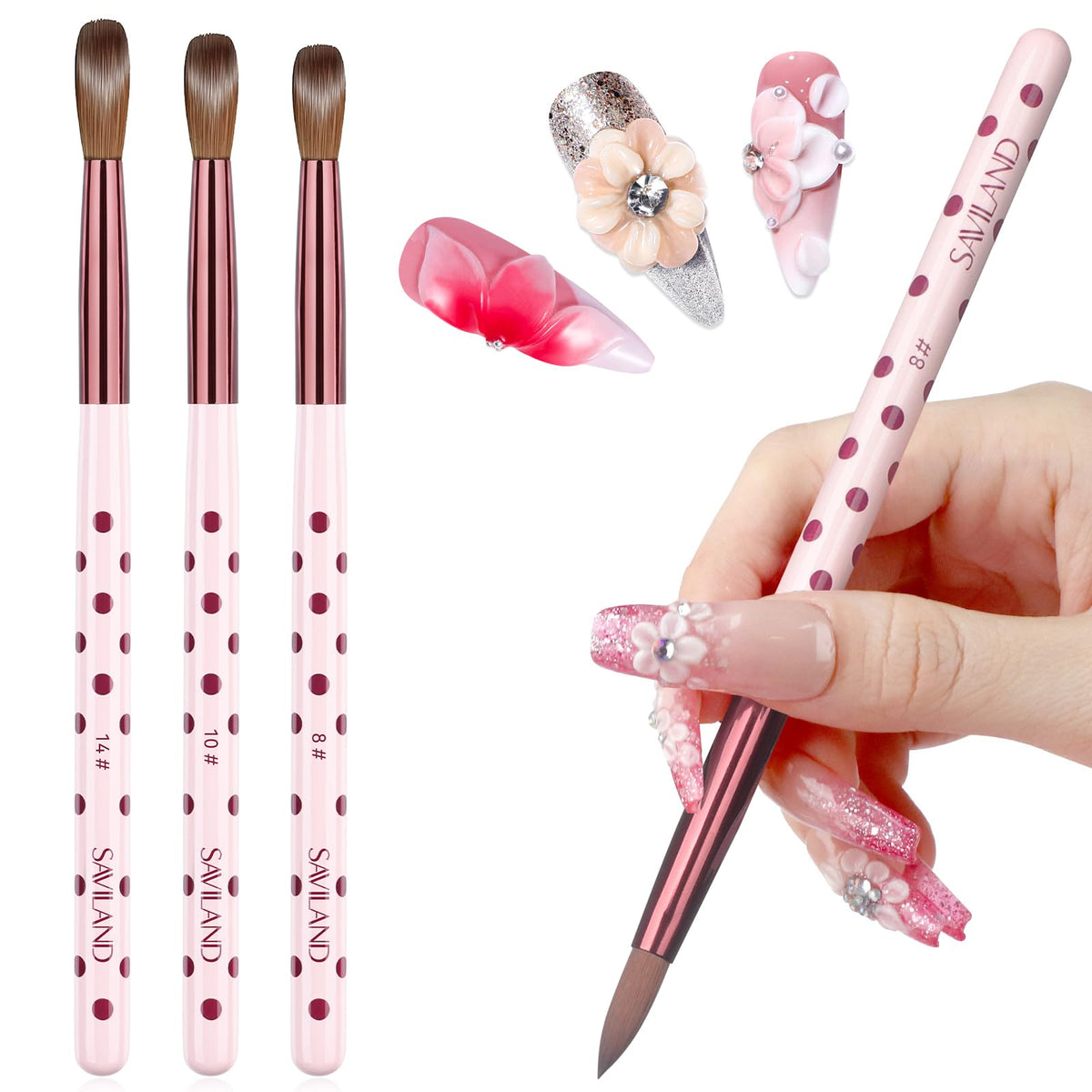 SAVILAND 3PCS Acrylic Nail Brush Set Size 8/10/14 Black & White