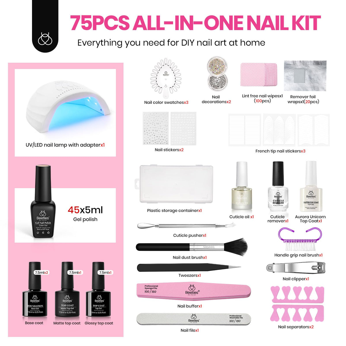 Beetles Gel Nail Polish Set, 63 PCS 55 Colors Gel Polish Kit with Base Coat