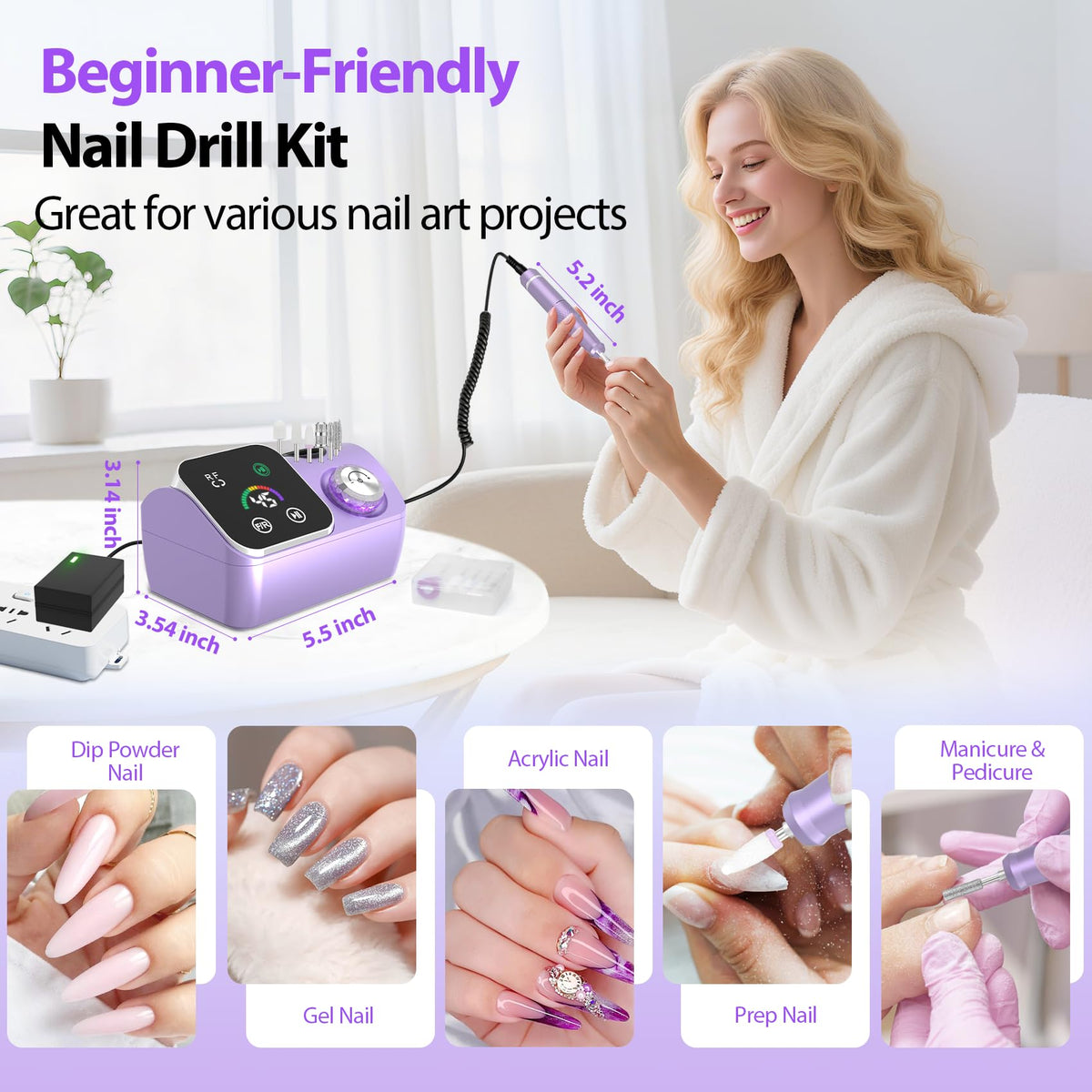 45000RPM Professional Corded Nail Drill E-File Kit for Salon Home
