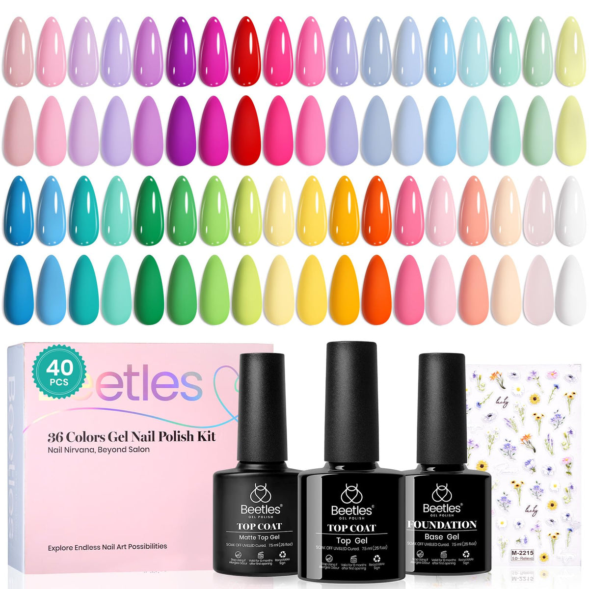 Beetles Gel Nail Polish Set, 63 PCS 55 Colors Gel Polish Kit with Base Coat
