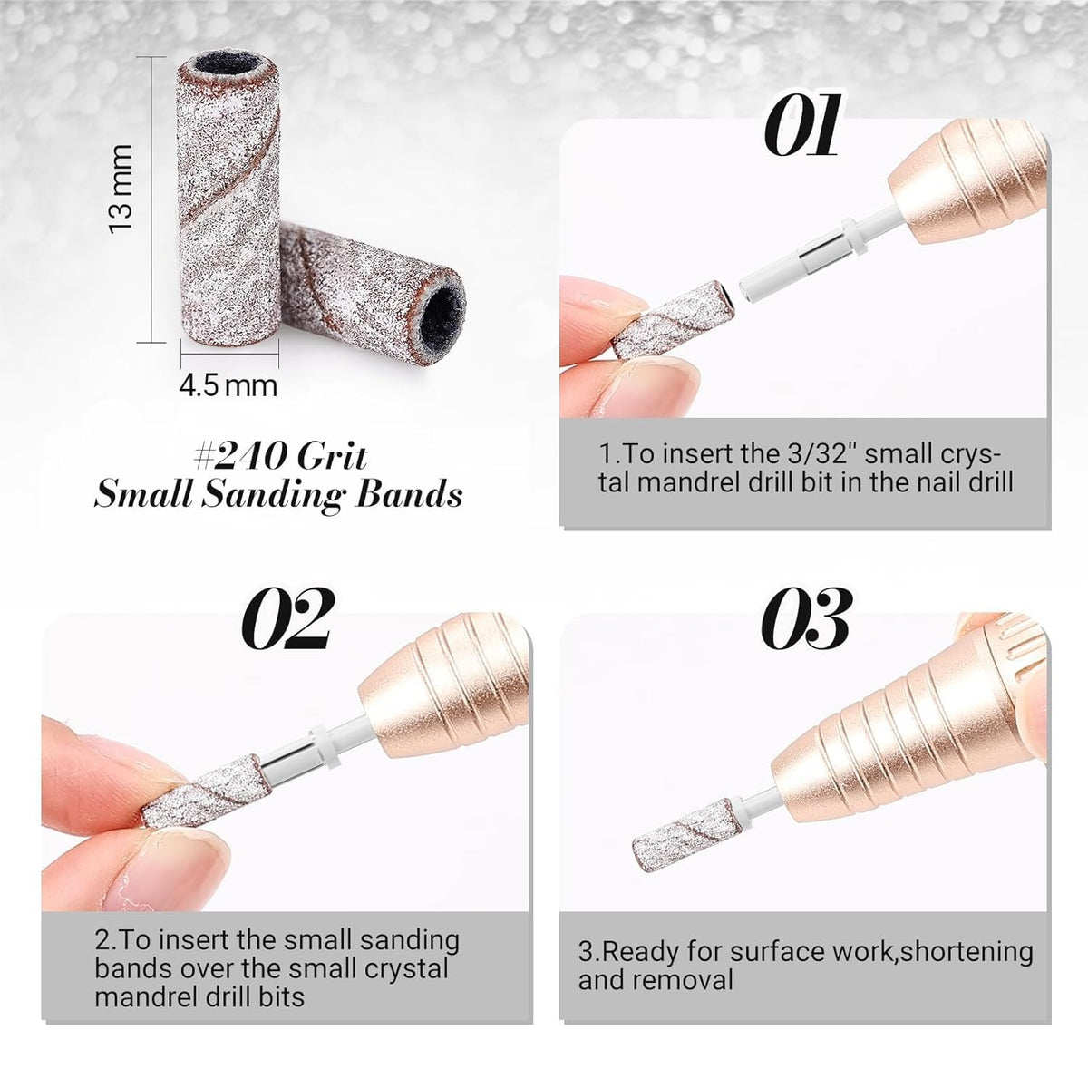 MelodySusie 120 Pcs Nail Drill Bits Small Sanding Bands for 3.1mm Mandrel Bit, 180 Fine Grit Nail File for Acrylic Nails Gel Manicures and Pedicure, Pink (Only Sanding Bands)