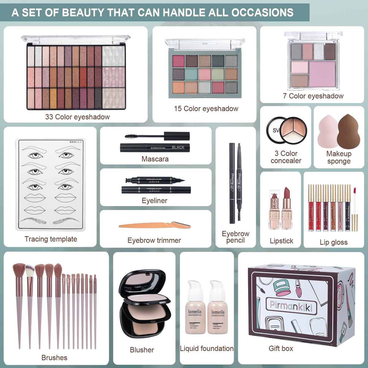 Makeup Set for Women Full Kit Includes, eyeshadow、 liquidfoundation,Loose powder,Eyebrow pencil,Lipstick Eye Pencil Makeup BrushesMakeup practice board 4-color lip gloss set