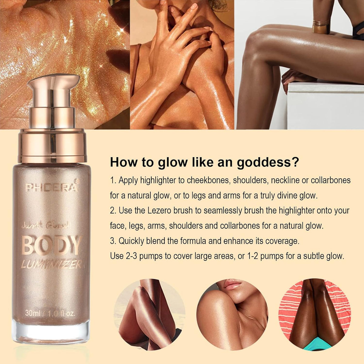 Body Shimmer Oil, Rose Gold Natural Glow Luminizer, Brush Include, 1oz