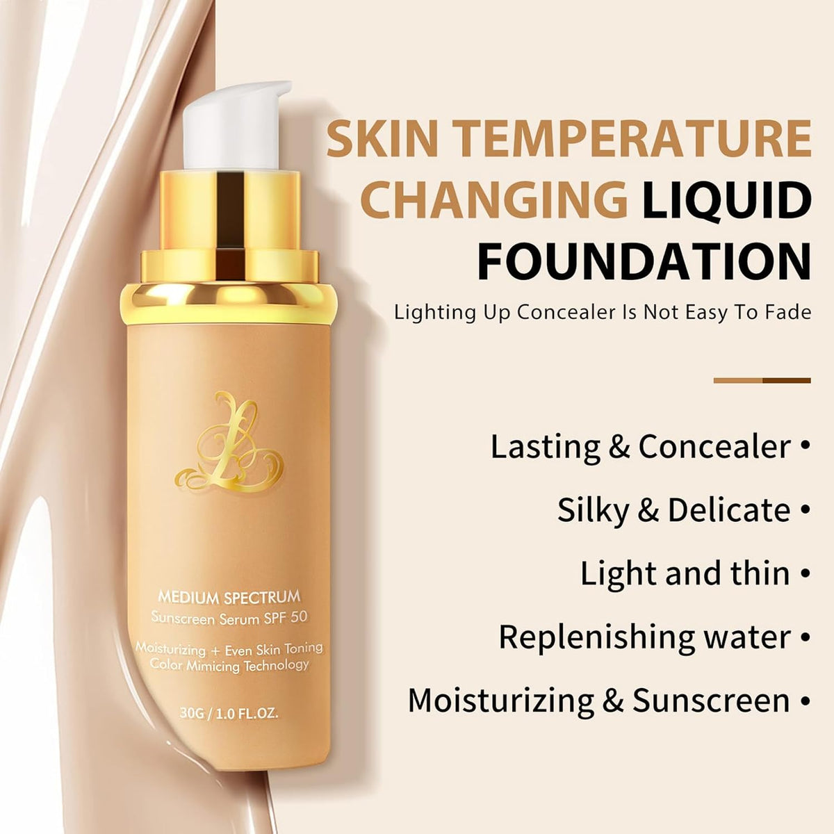 Color Changing Foundation 4-in-1 with SPF50, Match Liquid Foundation Medium