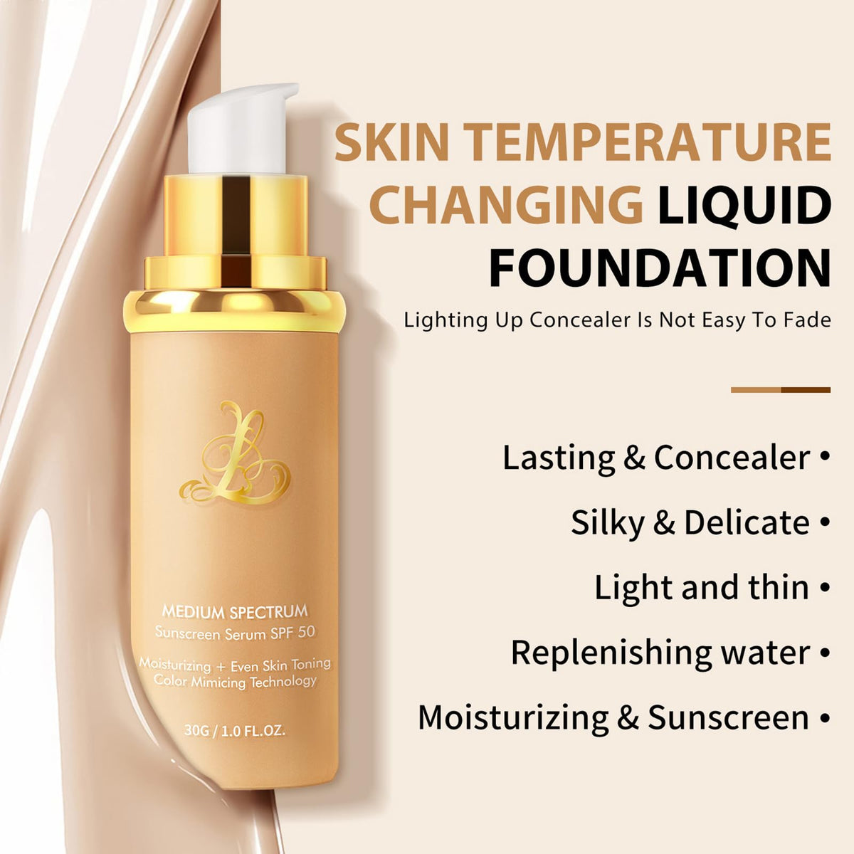 Color Changing Foundation 4-in-1 with SPF50, Match Liquid Foundation Medium