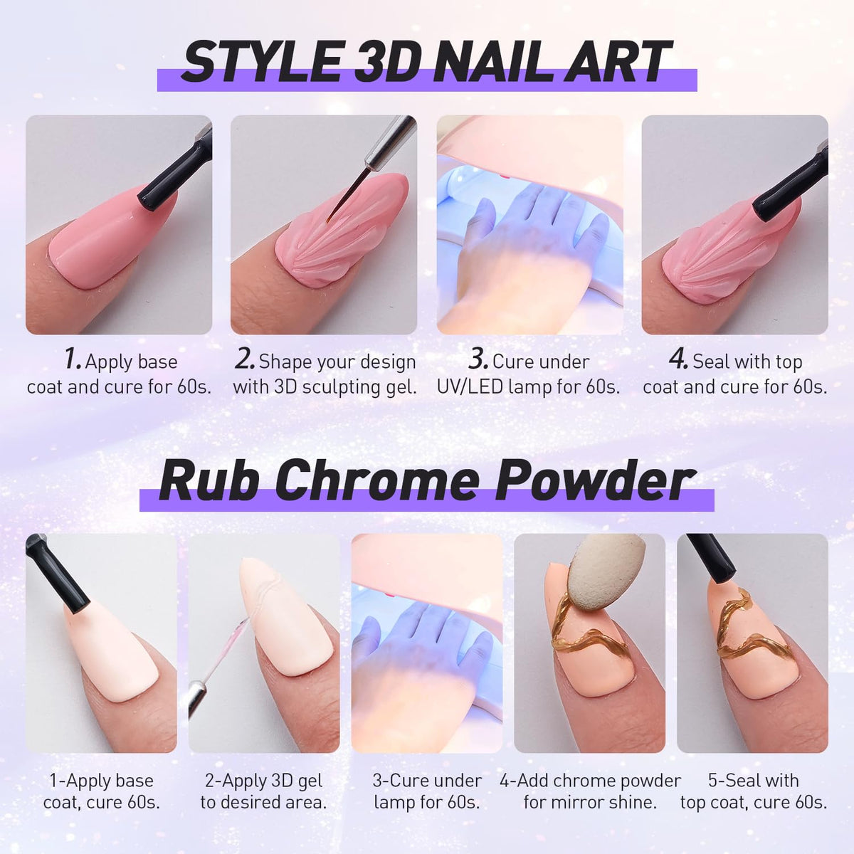 3D Sculpting Gel Kit – 2×20g Nail Art Gels with Dual Pens, Gold & Silver Chrome Powders, Brushes & Rhinestone Tray for DIY Nail Design at Home or Salon