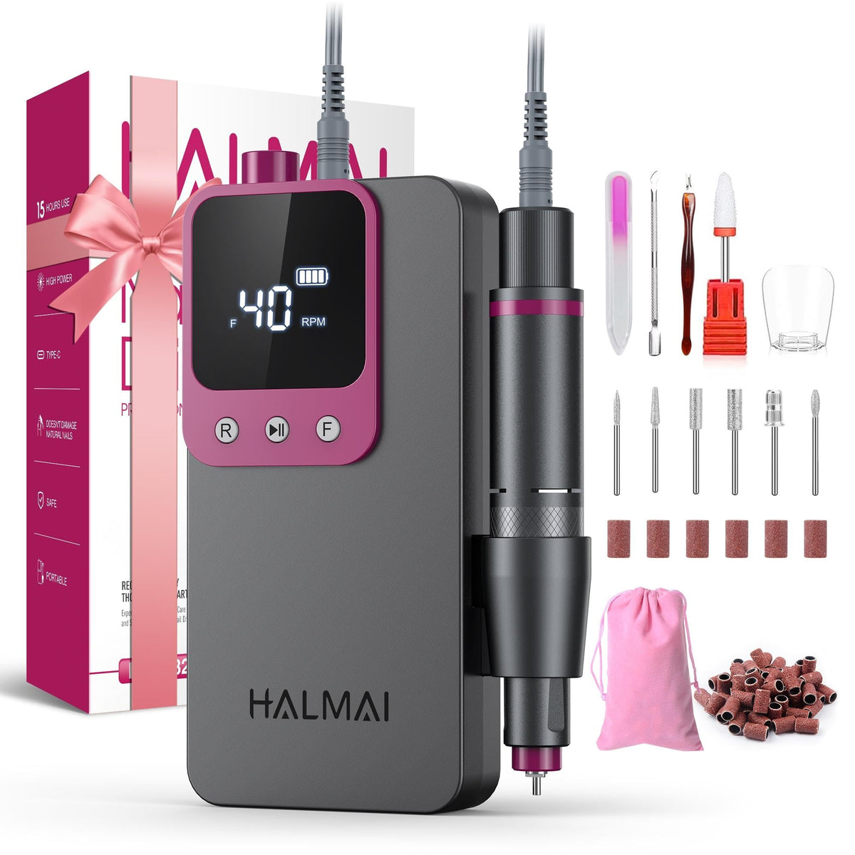 Electric Nail Drill Professional, Portable Nail File for Acrylic Gel Nails, Cordless Rechargeable Ultra Power Nail Drill Kit 40000RPM, Salon-Grade Efile Nail Machine (Dark Grey)