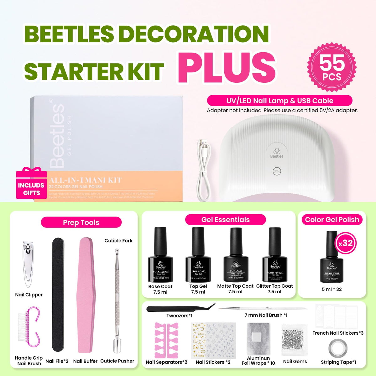 Beetles Gel Nail Polish Set, 63 PCS 55 Colors Gel Polish Kit with Base Coat