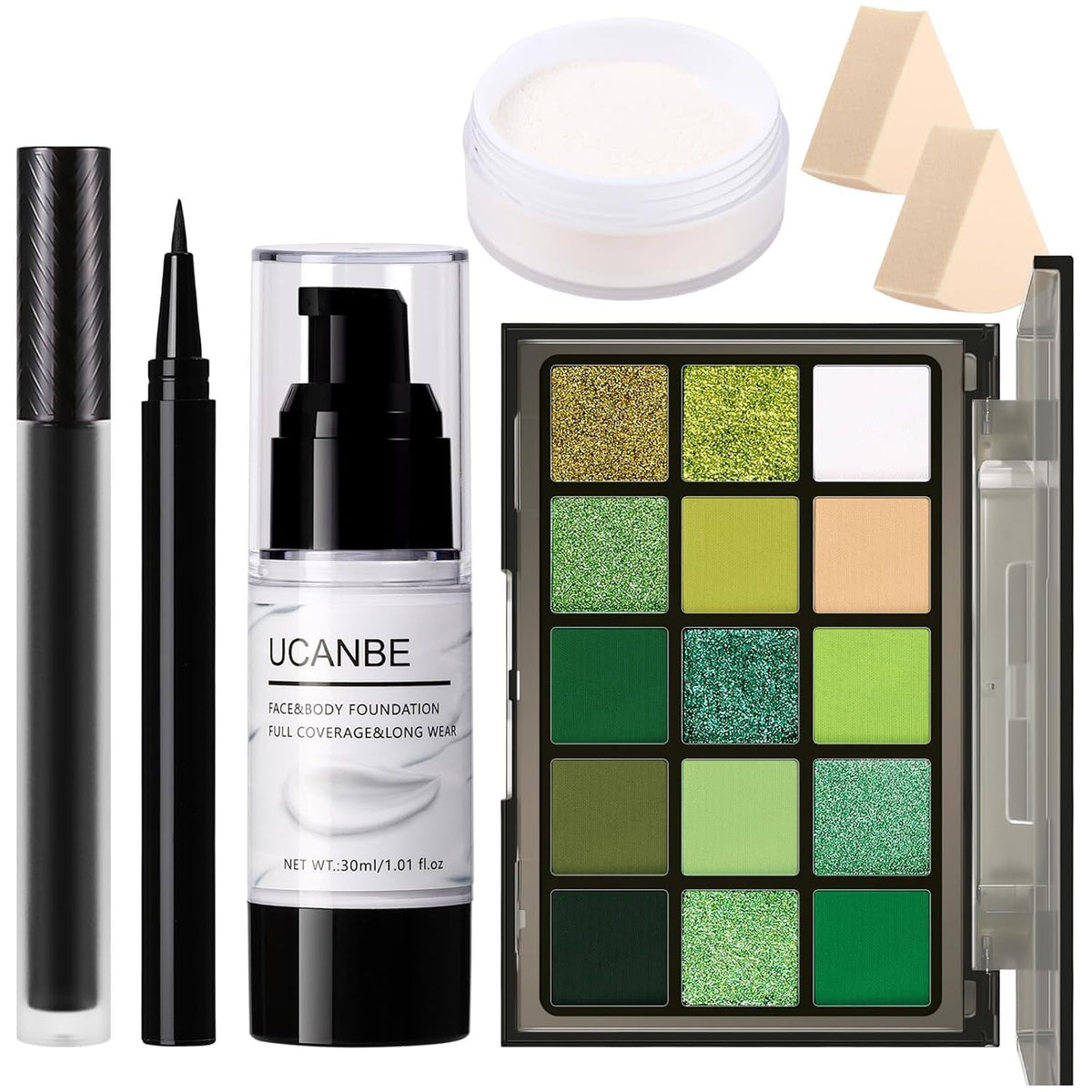UCANBE Halloween Makeup Kit – 15-Color Purple Eyeshadow Palette, White Liquid Foundation, Purple Liquid Lipstick, Black Eyeliner, Setting Powder & Sponges Makeup Set for Cosplay Witch Devil Sorceress
