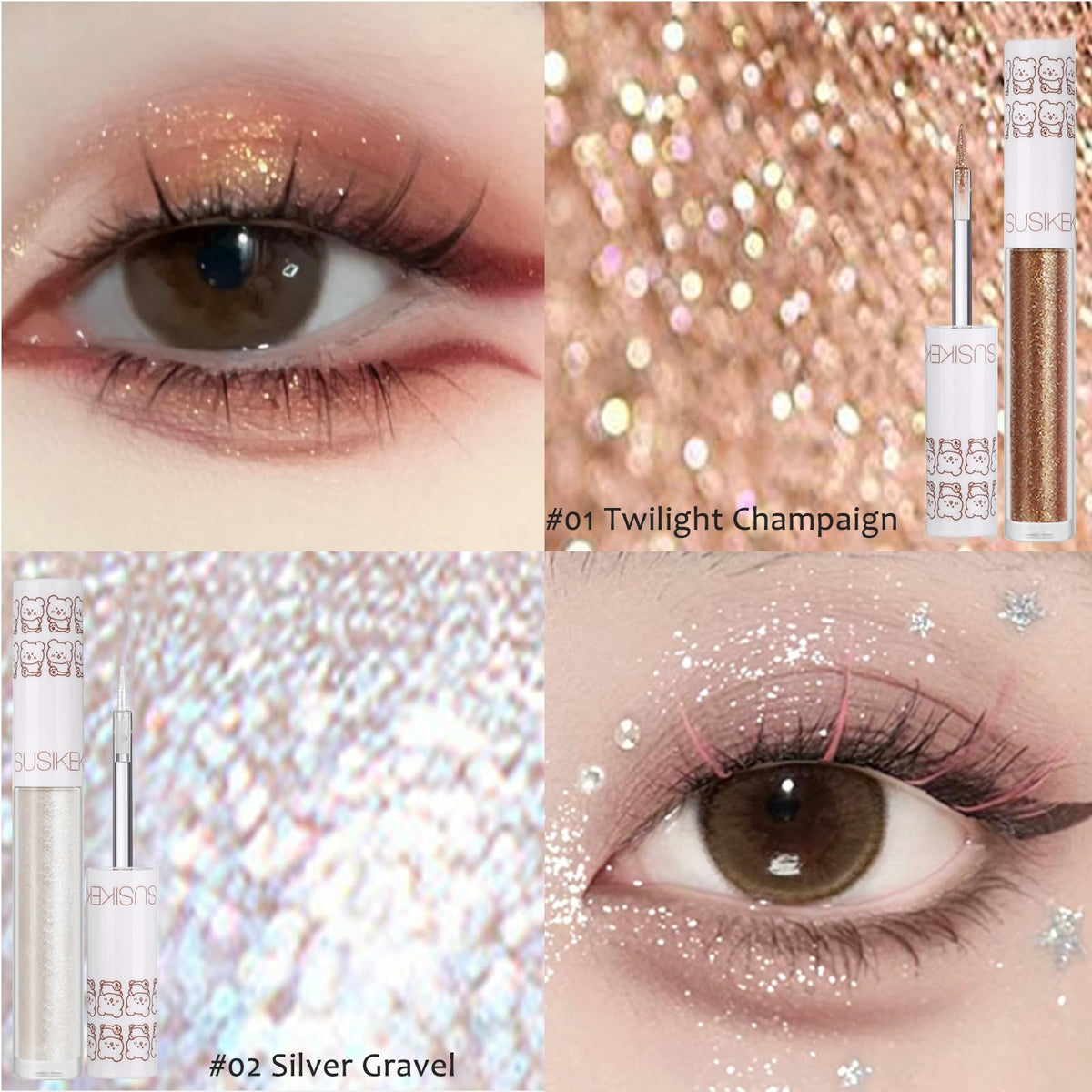 6Pcs Liquid Glitter Eyeshadow Eyeliner, Korean Makeup, Bling Under Eye Shadow, Shimmer Eye Make Up Valentine's Gift Set,Long Lasting,Quick Drying & Pigmented Loose Glitter Glue for Crystals Makeup