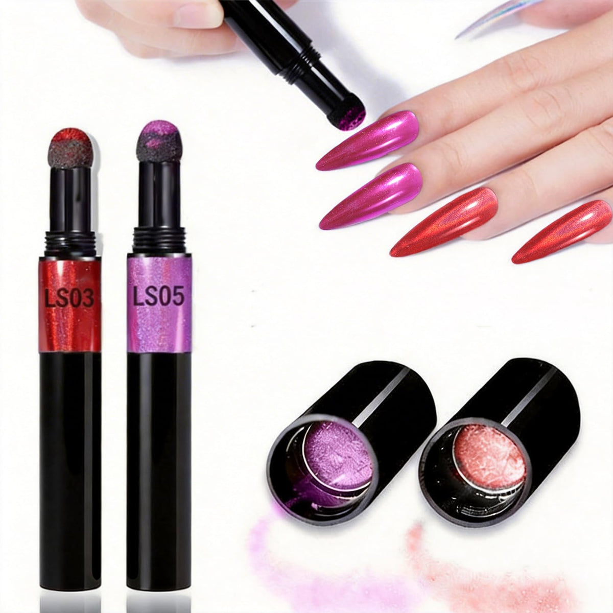 Air Cushion Chrome Powder Nail Pen Set (2 PCS) - Holographic Laser Mirror Effect Chrome Nail Pens, Magic Powder Applicator for Nails for DIY Nail Art & Salon Use