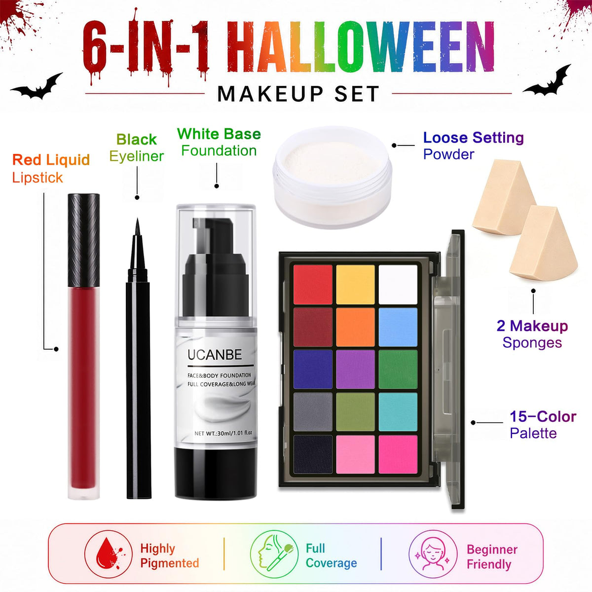 UCANBE Halloween Makeup Kit – 15-Color Purple Eyeshadow Palette, White Liquid Foundation, Purple Liquid Lipstick, Black Eyeliner, Setting Powder & Sponges Makeup Set for Cosplay Witch Devil Sorceress