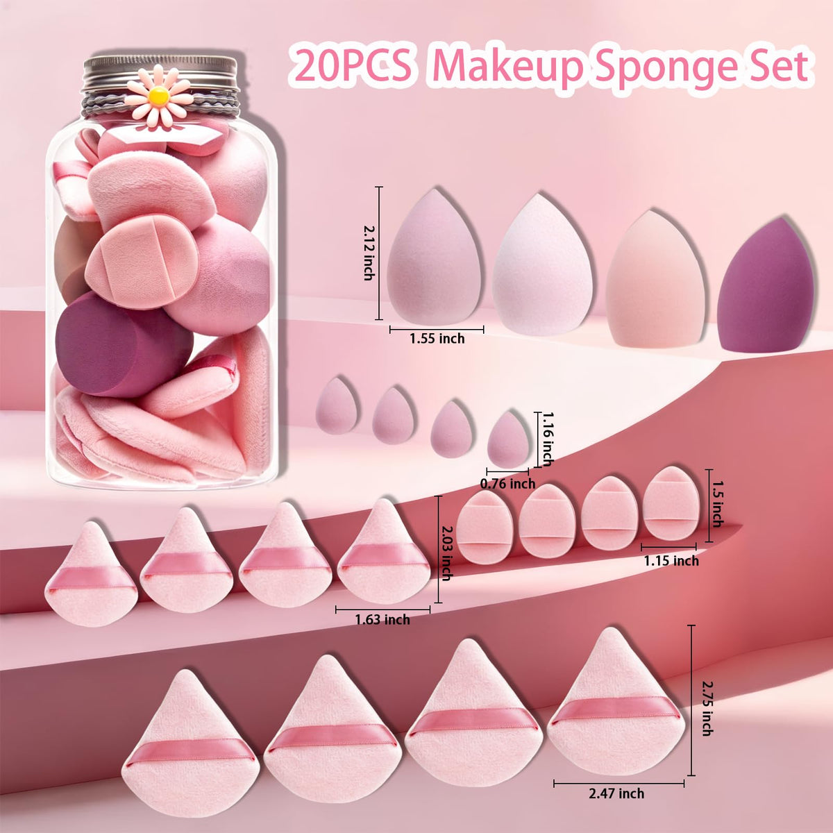 20PCS Makeup Sponge Set With Storage Jar, Wet & Dry Dual Use Beauty Blenders, Triangle Powder Puffs & Mini Finger Puffs,Soft Latex Free Sponges for Liquid, Cream, Powder And Concealer（Blue）